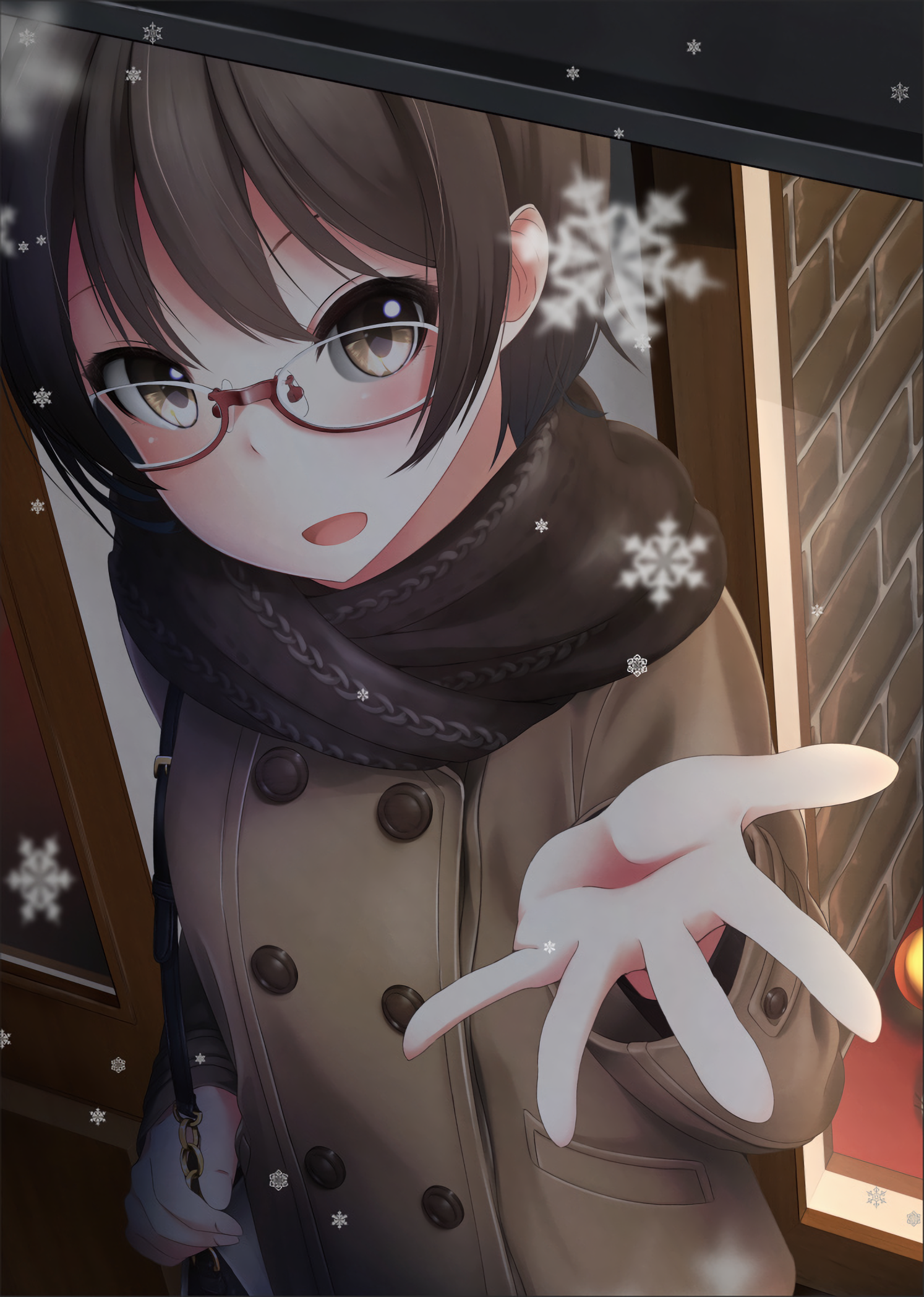 Anime girl with glasses and scarf in snow HD Wallpaper