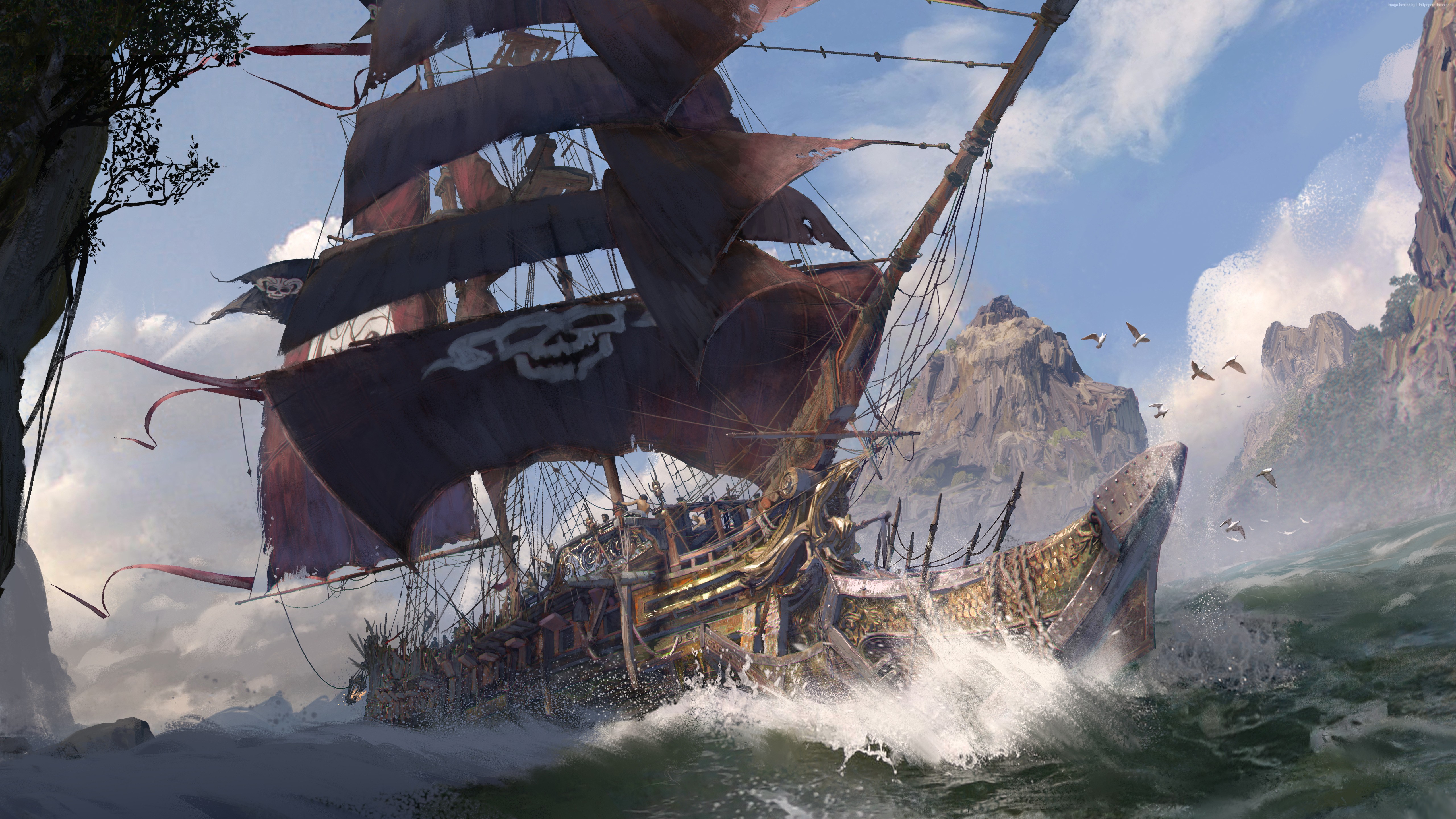 Skull and Bones pirate ship sailing through rough seas HD Wallpaper