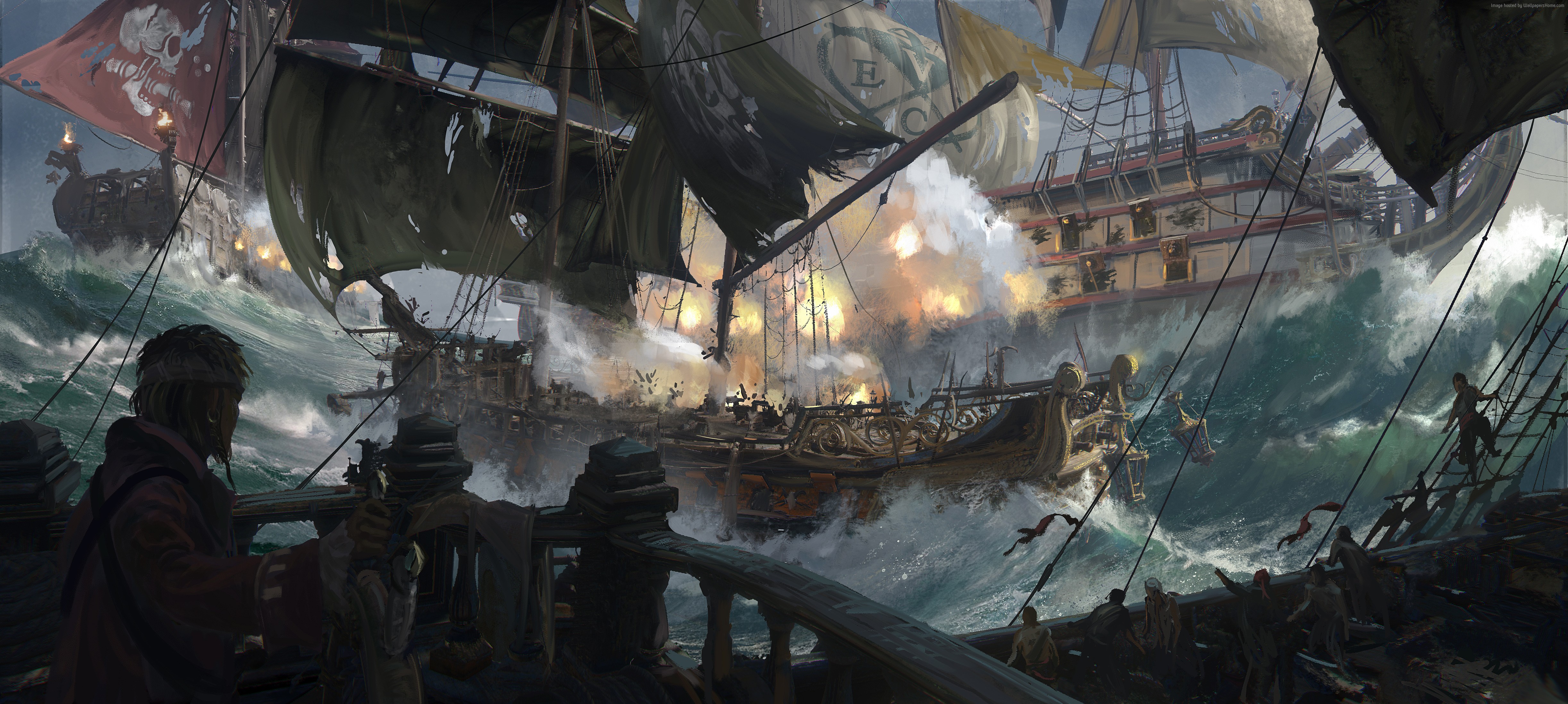 Artwork of pirate ships battling in rough seas HD Wallpaper