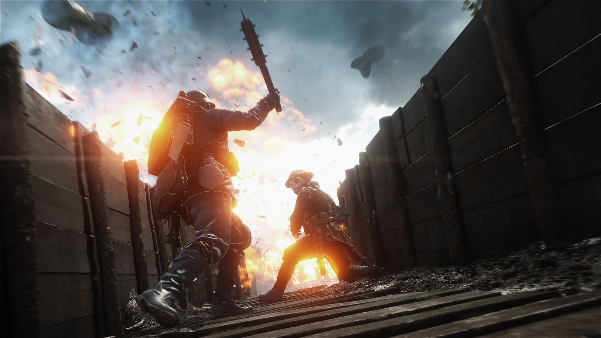 Soldiers in a trench during an explosion in Battlefield 1 HD Wallpaper