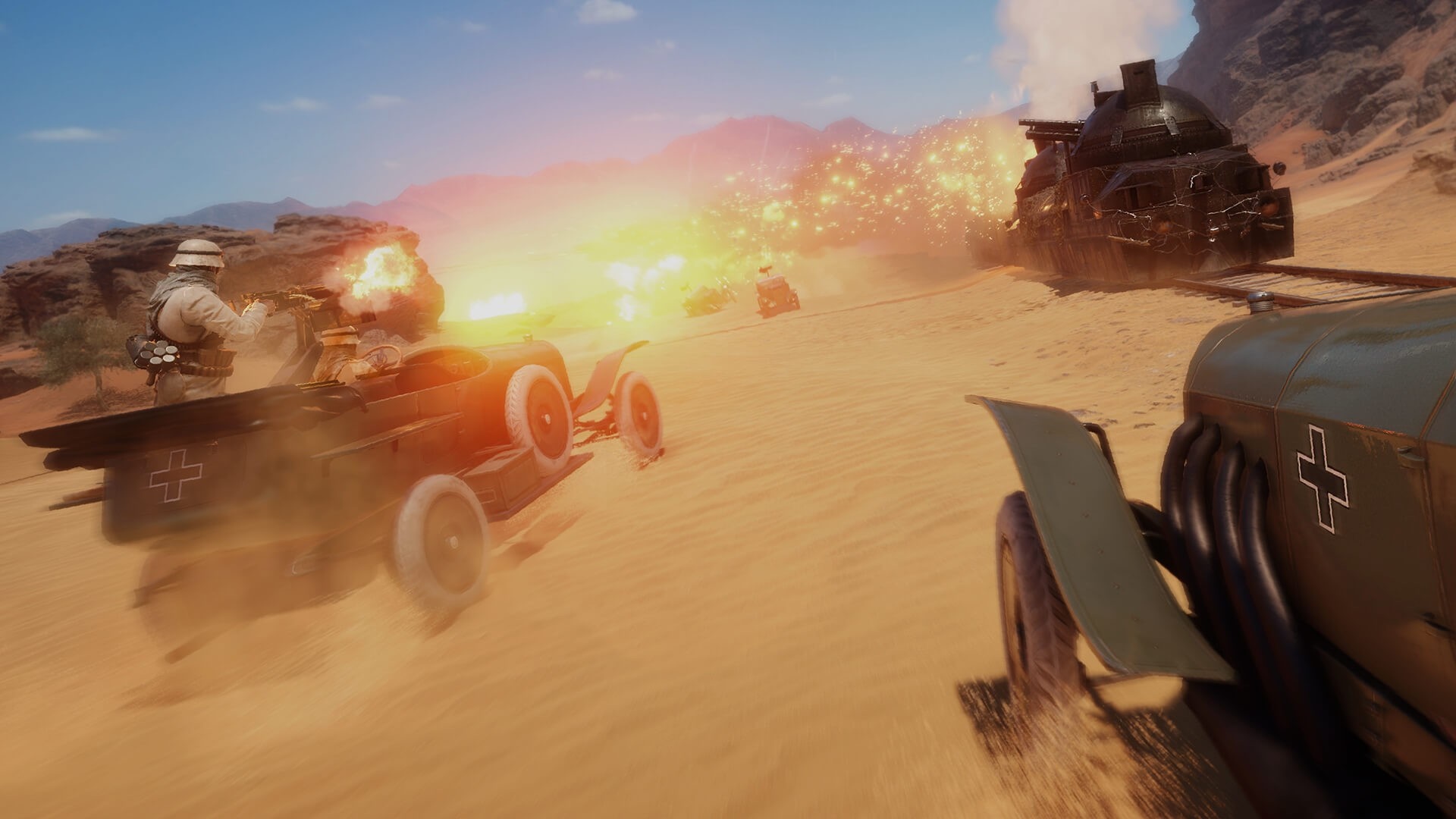 Battlefield 1 desert battle with vehicles and explosions HD Wallpaper
