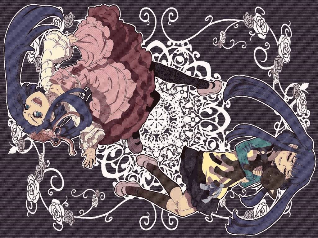 Two girls with long blue hair and floral patterns HD Wallpaper
