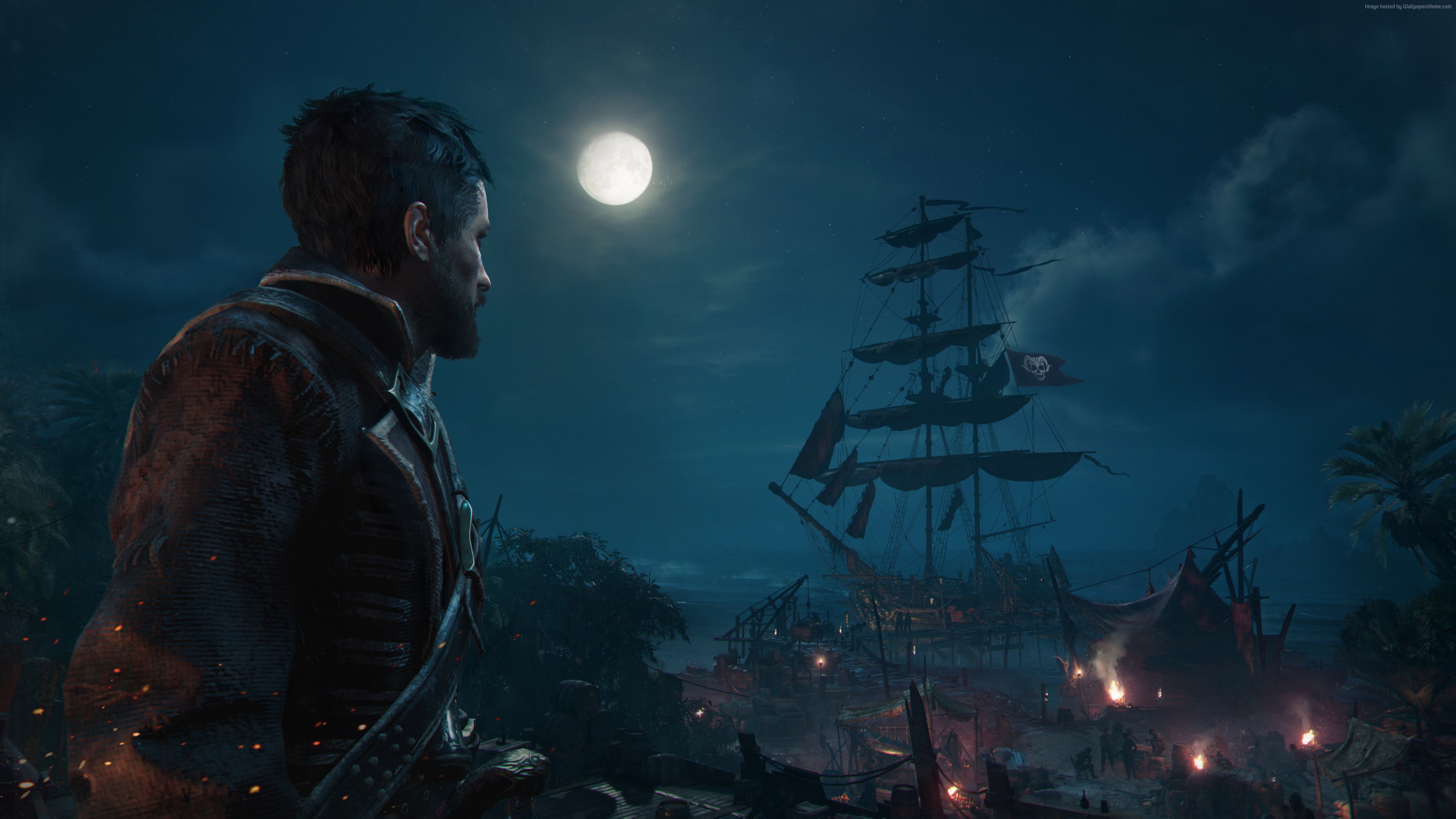 Man looking at pirate ship under moonlight HD Wallpaper