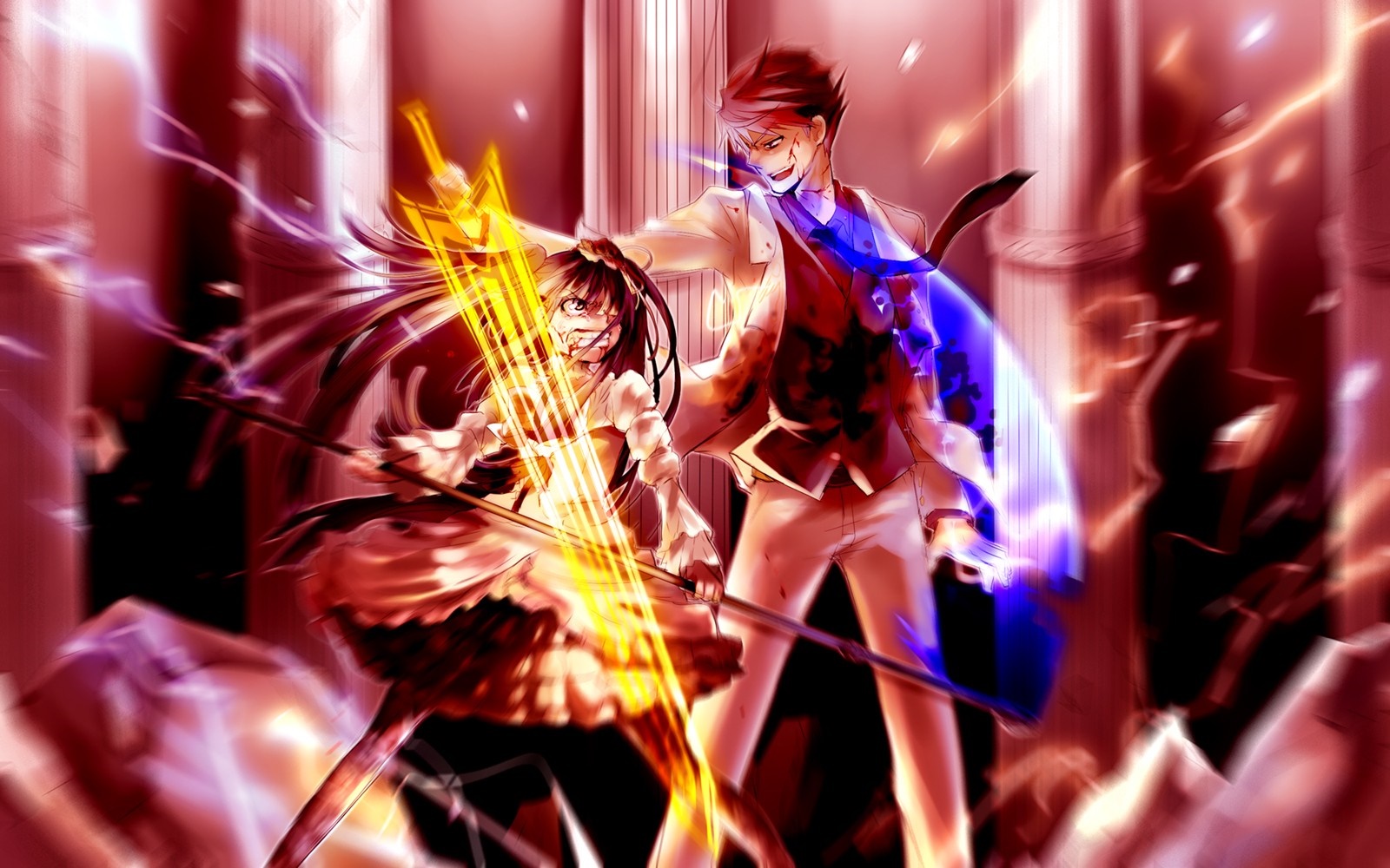 Anime characters fighting with glowing swords HD Wallpaper