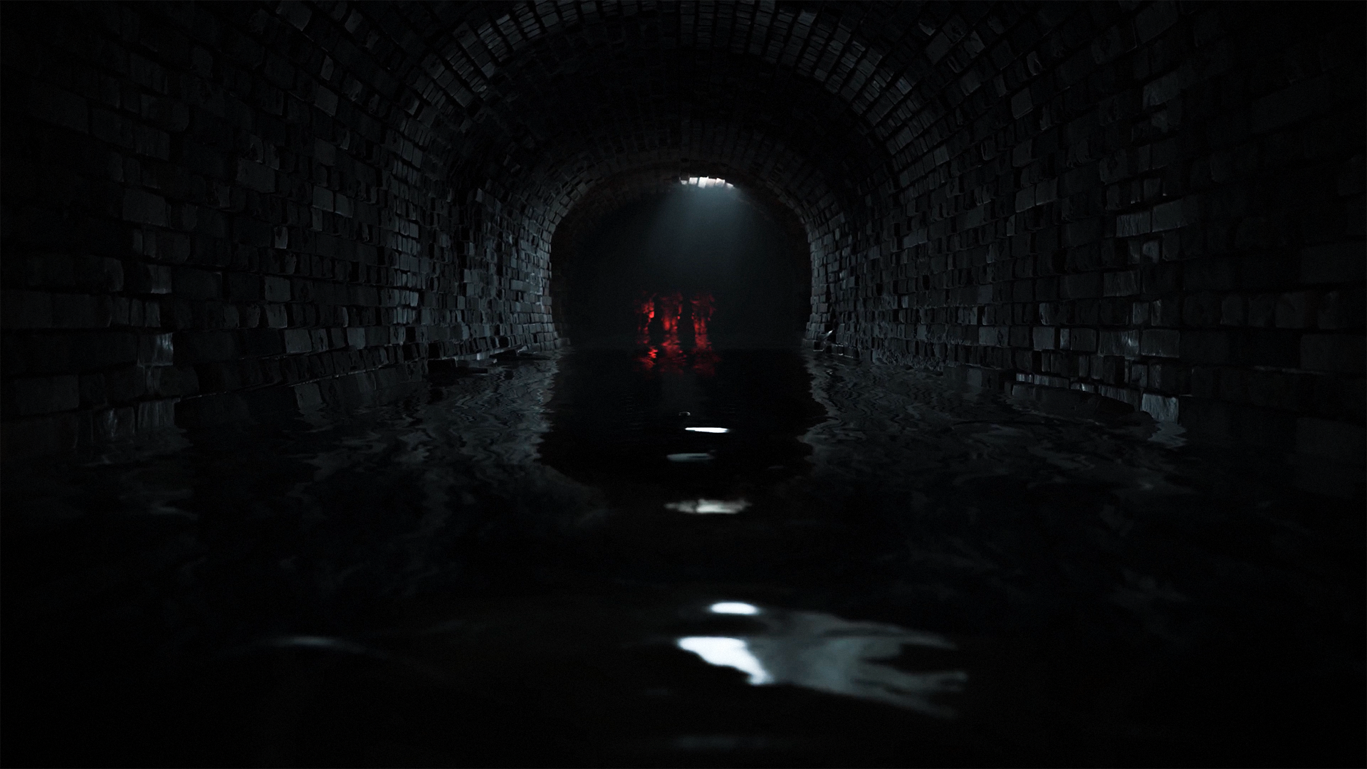 Figures in a dark, flooded tunnel HD Wallpaper