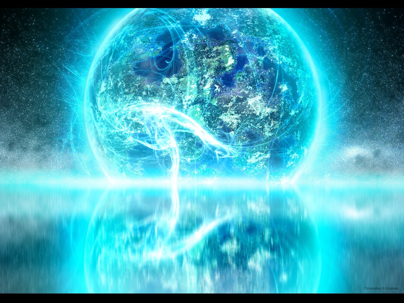 Glowing planet reflected in water under starry sky HD Wallpaper