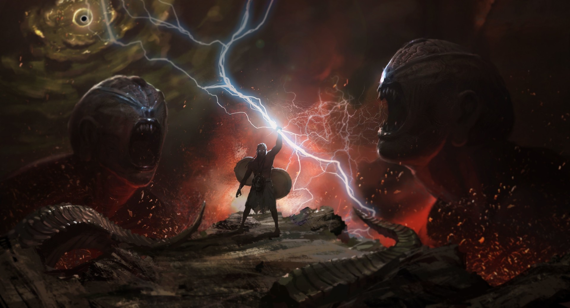 Fantasy warrior wielding lightning against giant monsters HD Wallpaper