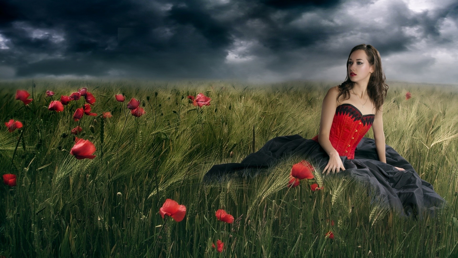 Woman in red corset sitting in a poppy field HD Wallpaper