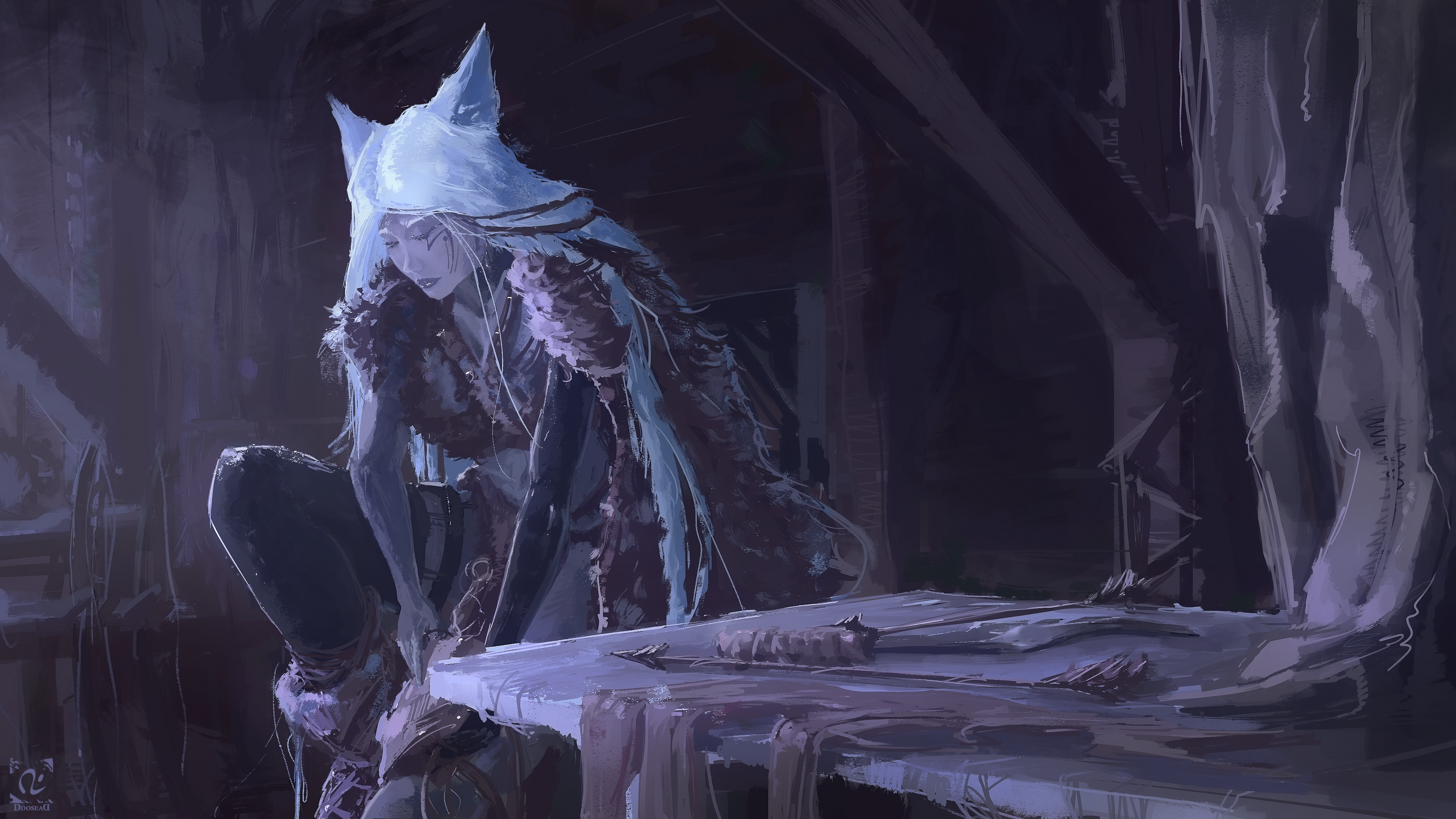 Fantasy art of a kitsunemimi character in a dark setting HD Wallpaper