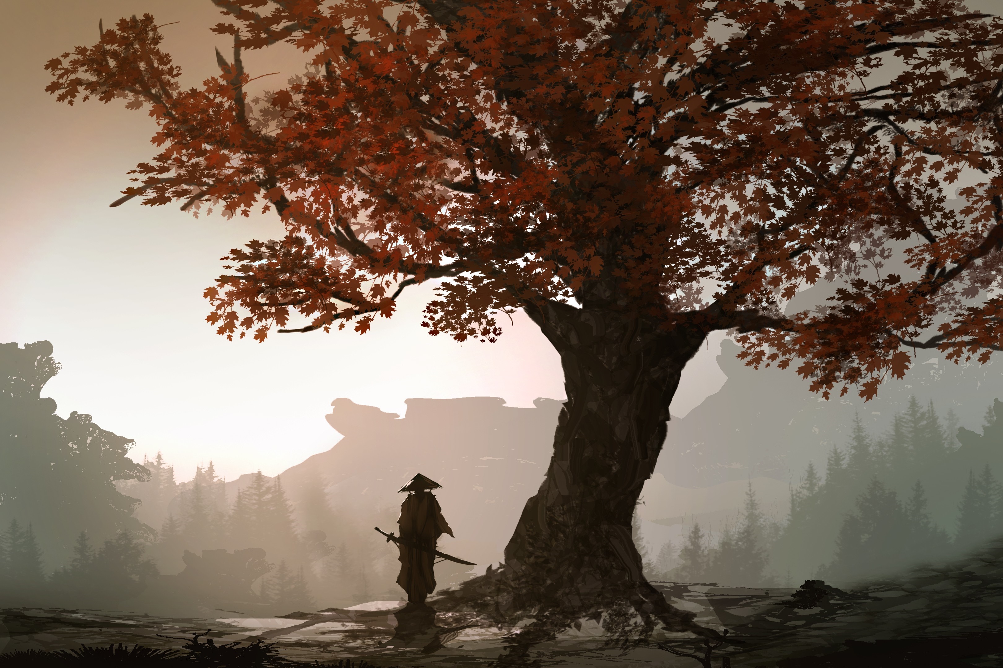 Samurai under an autumn tree at dawn HD Wallpaper