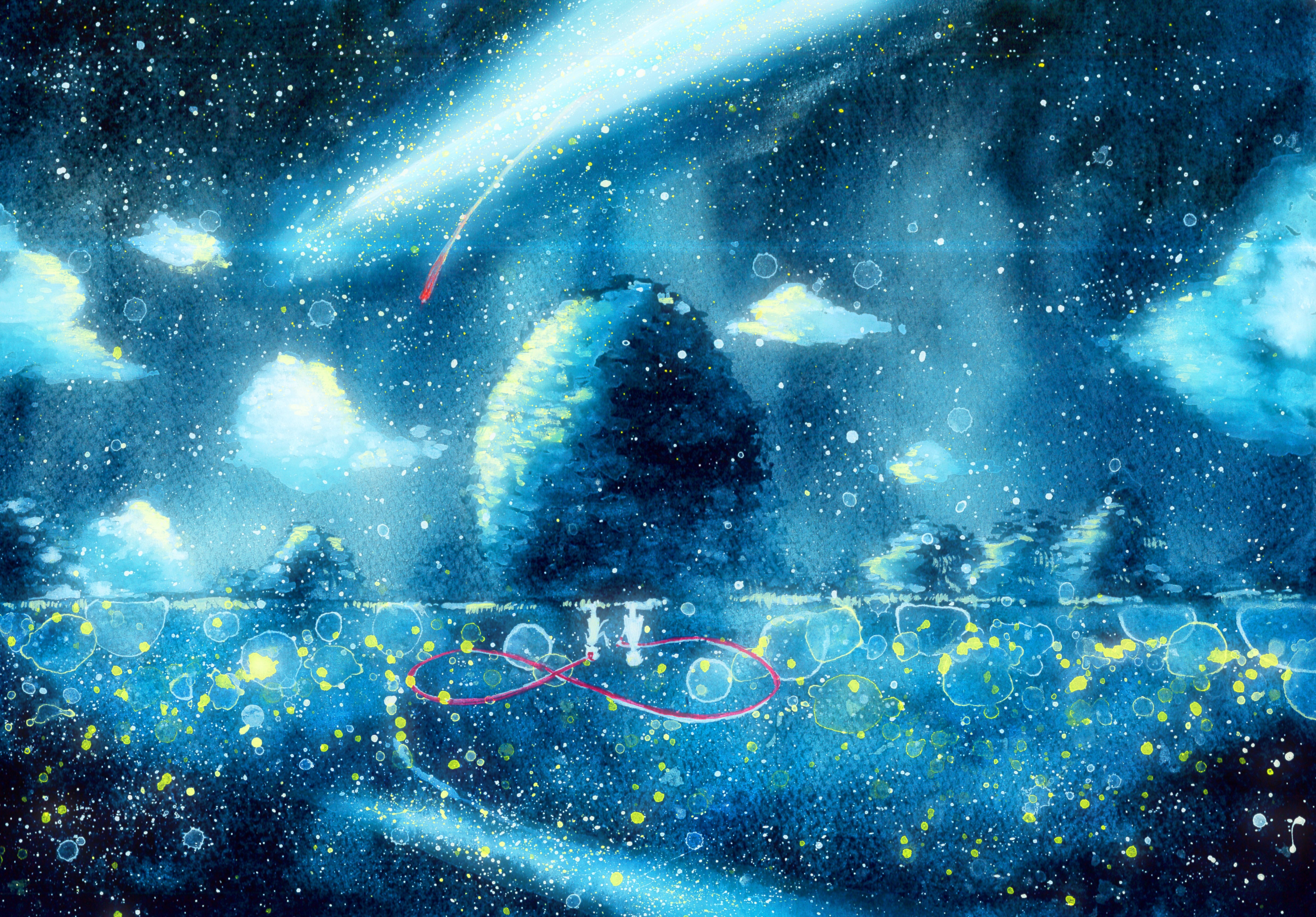 Two figures stand in a field of glowing orbs under a starry sky with a comet HD Wallpaper