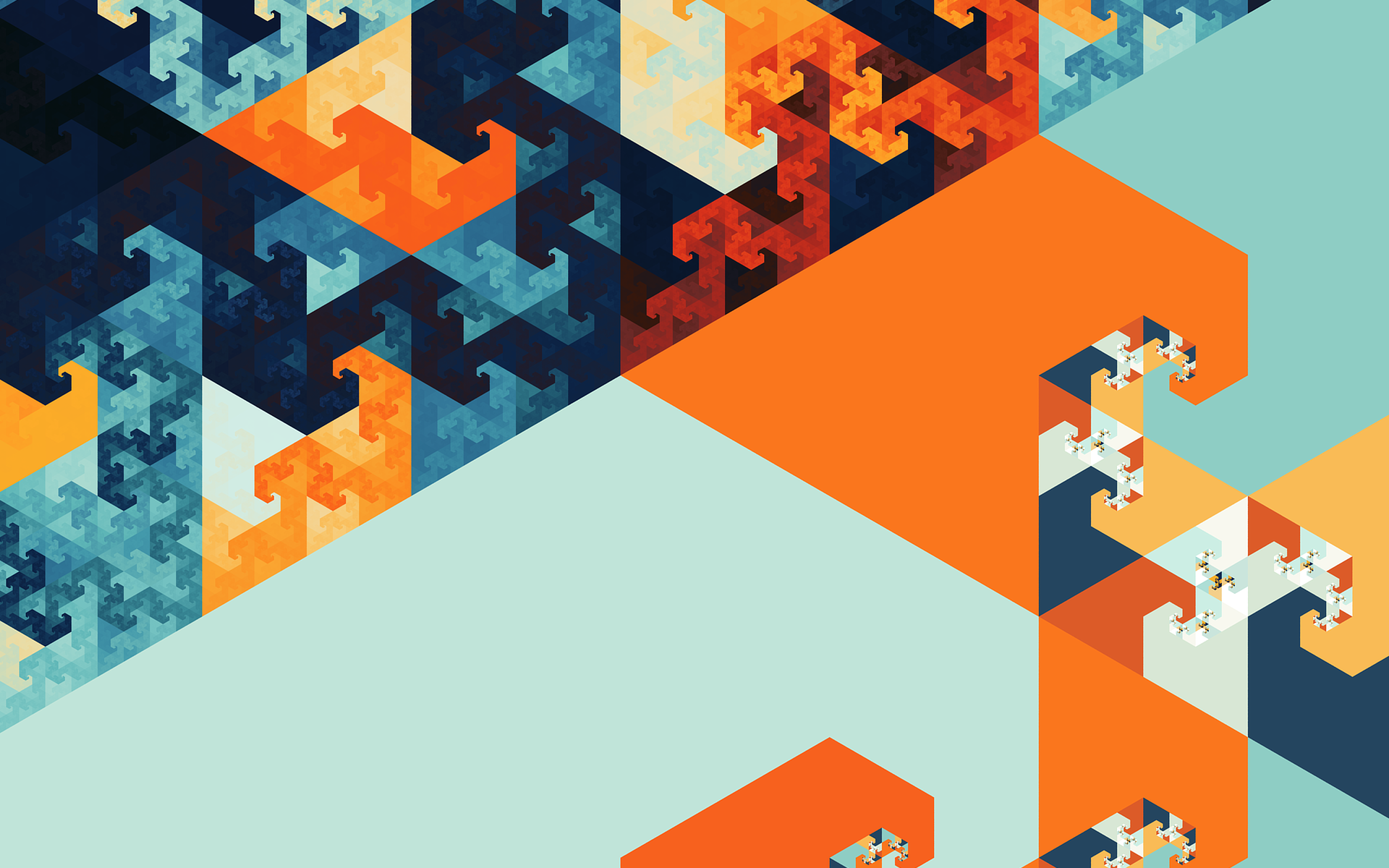 Abstract fractal illustration with blue and orange geometric shapes HD Wallpaper