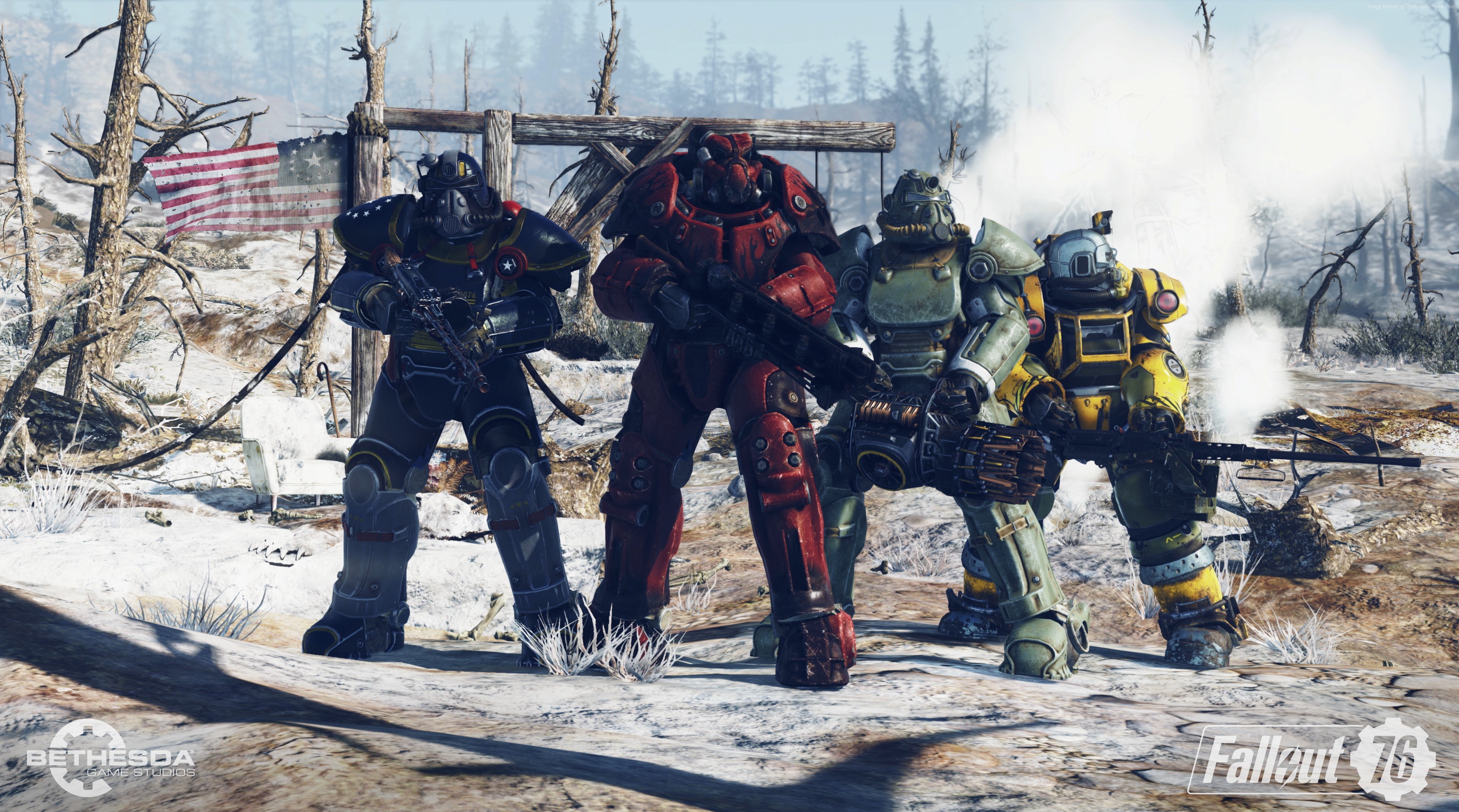 Fallout 76 screenshot with four Power Armor soldiers HD Wallpaper