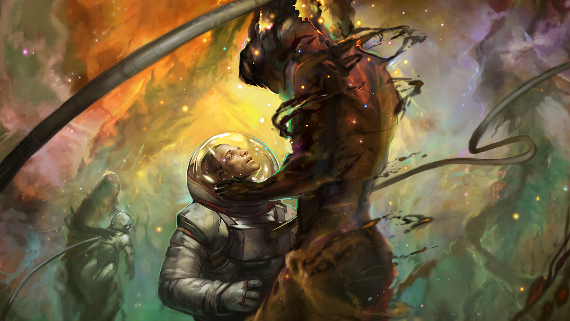 Astronaut embraced by cosmic entity in nebula HD Wallpaper