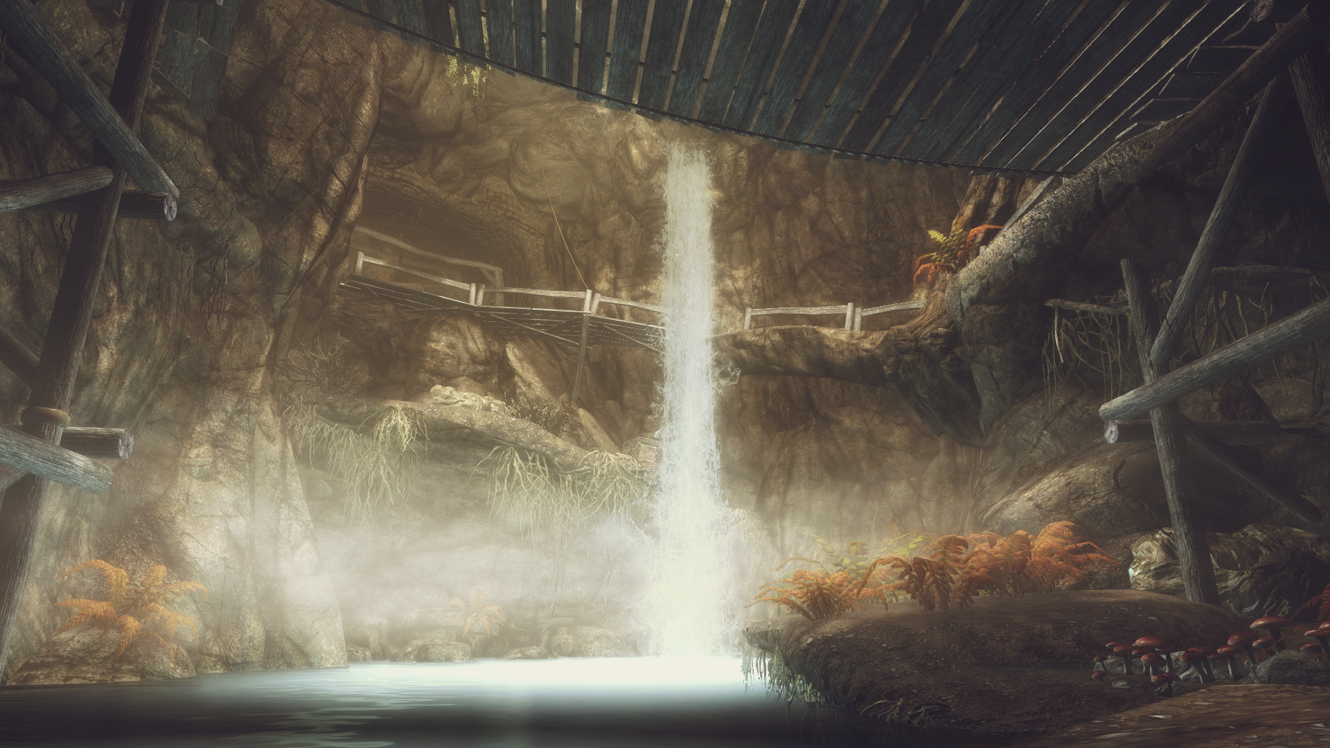 Waterfall in a cave with wooden structures in Skyrim HD Wallpaper