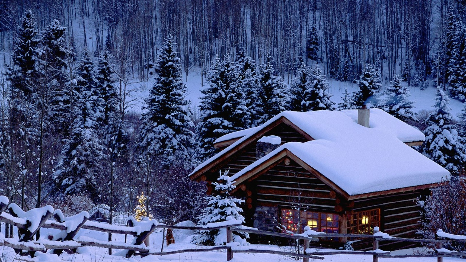 Snowy cabin in a winter forest with Christmas lights HD Wallpaper