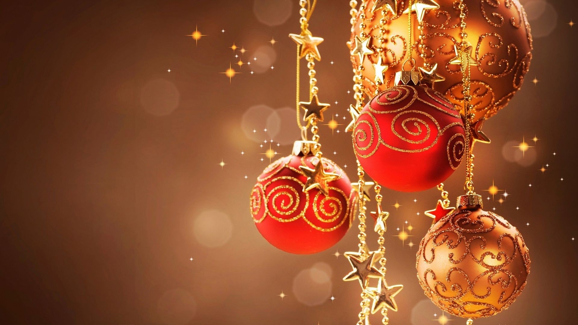 Christmas ornaments with golden stars and lights HD Wallpaper