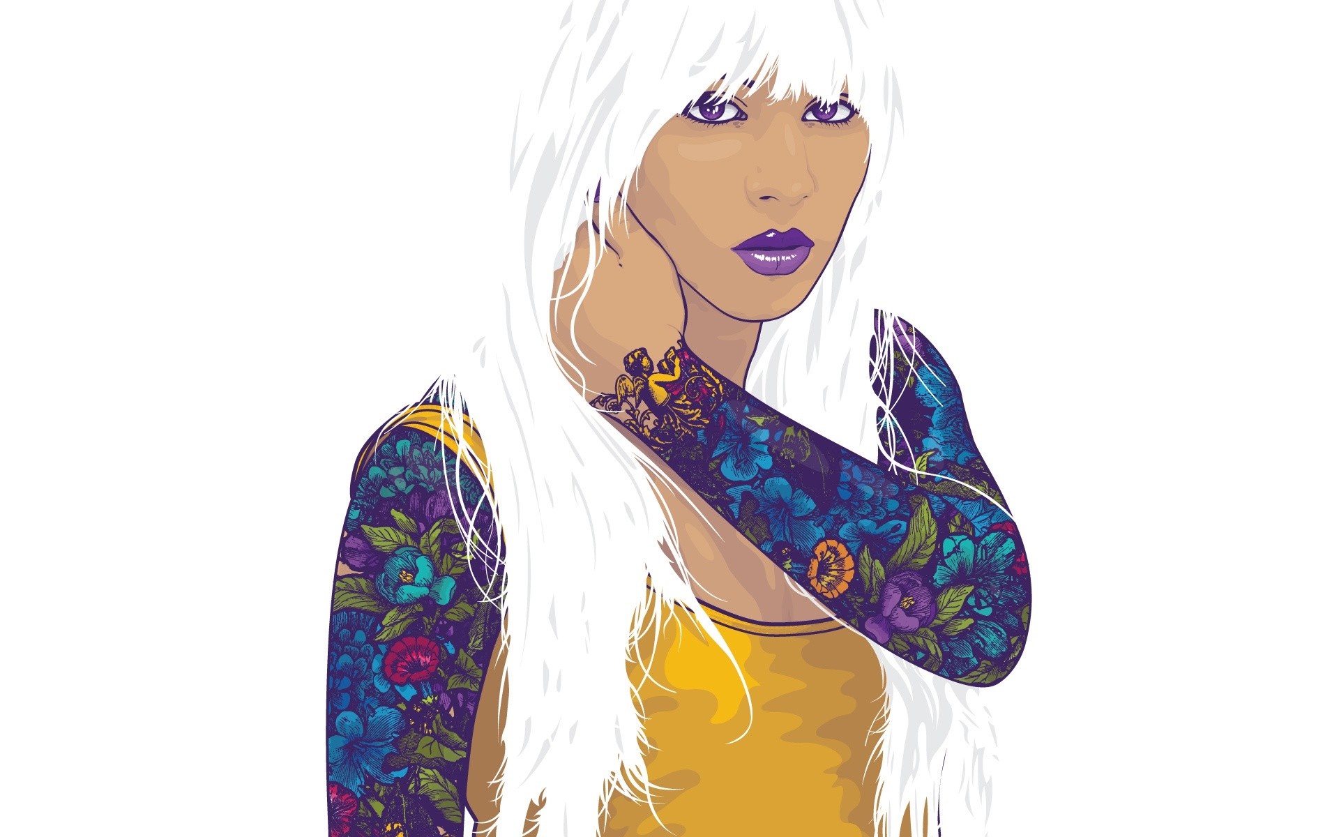 Illustration of a woman with white hair and floral tattoos HD Wallpaper