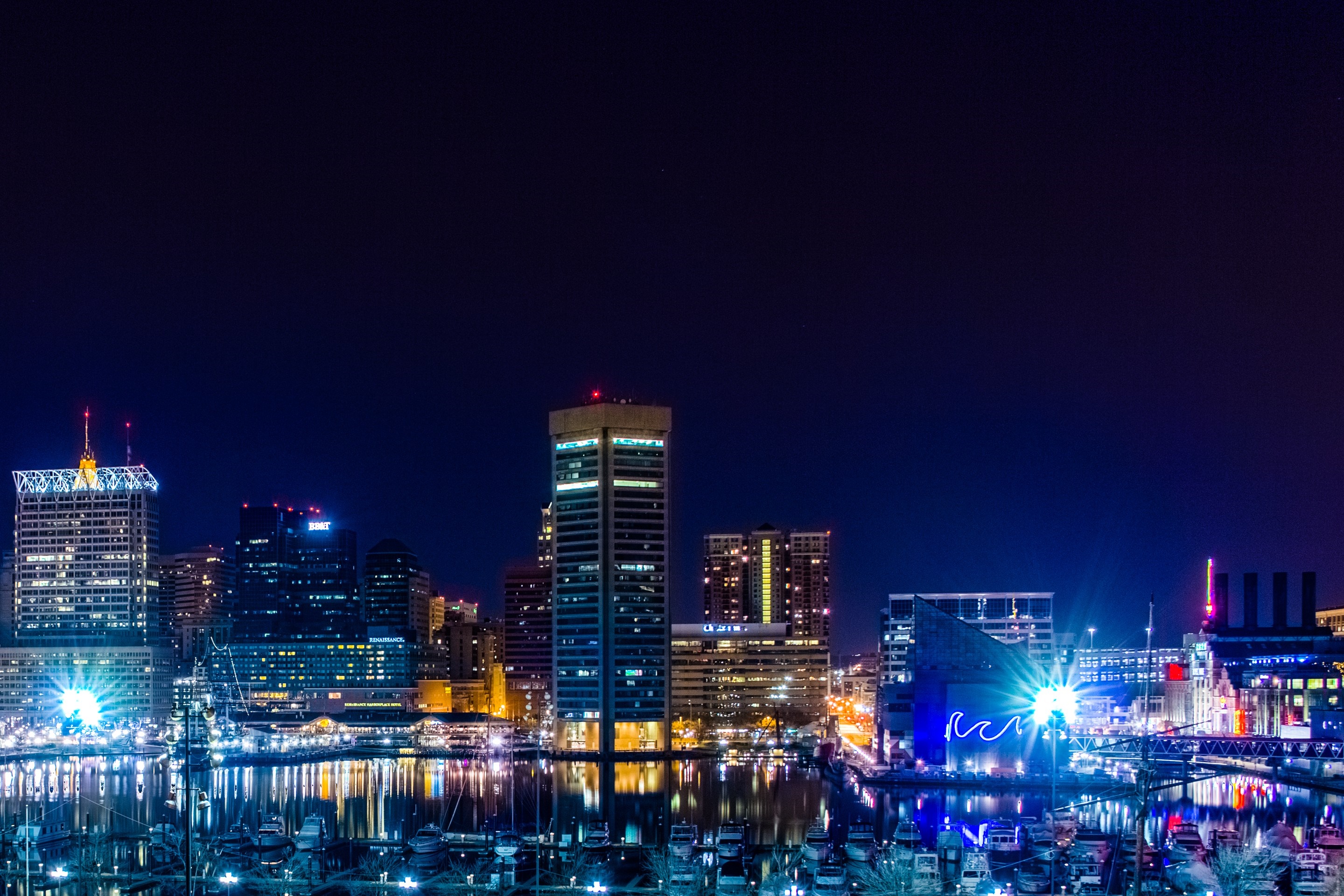 Baltimore Inner Harbor skyline at night HD Wallpaper
