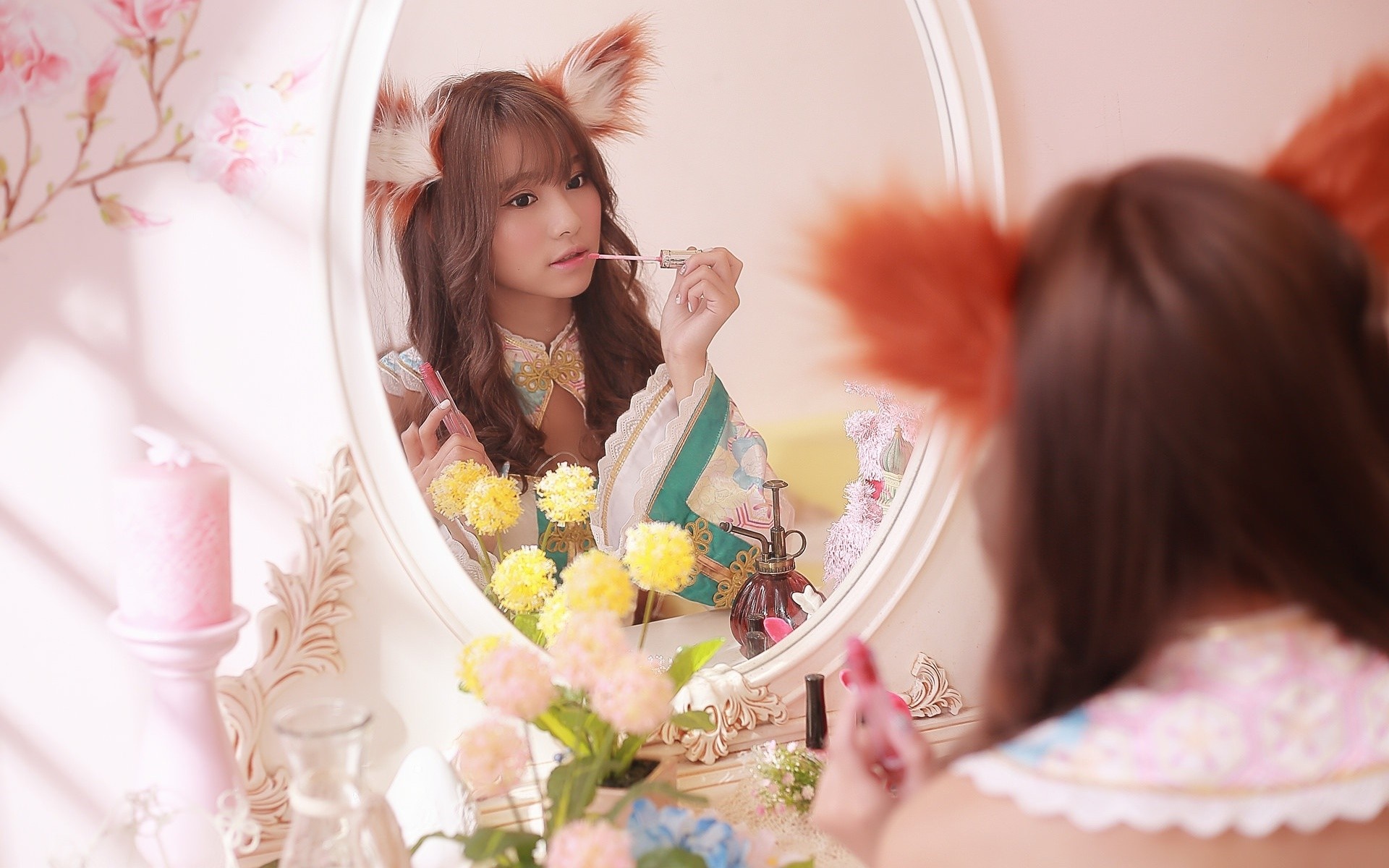 women model Asian photography dress mirror pink spring HD Wallpaper