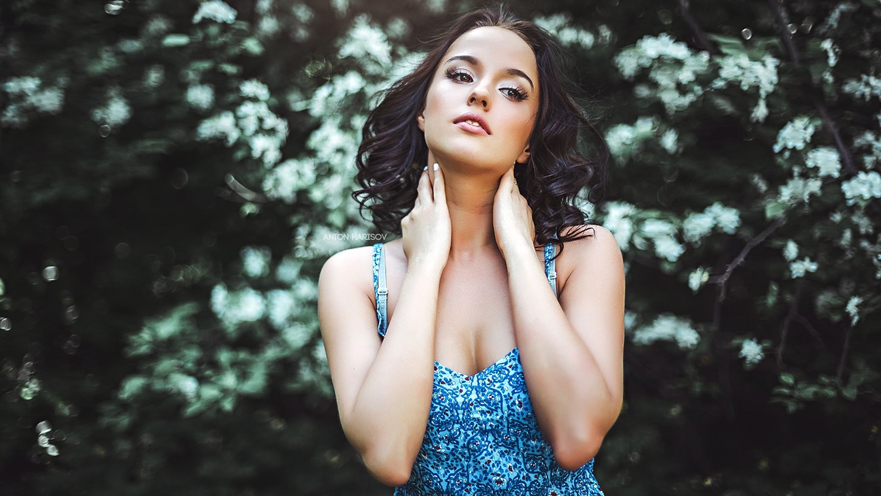 Woman in blue dress with flowers in background HD Wallpaper