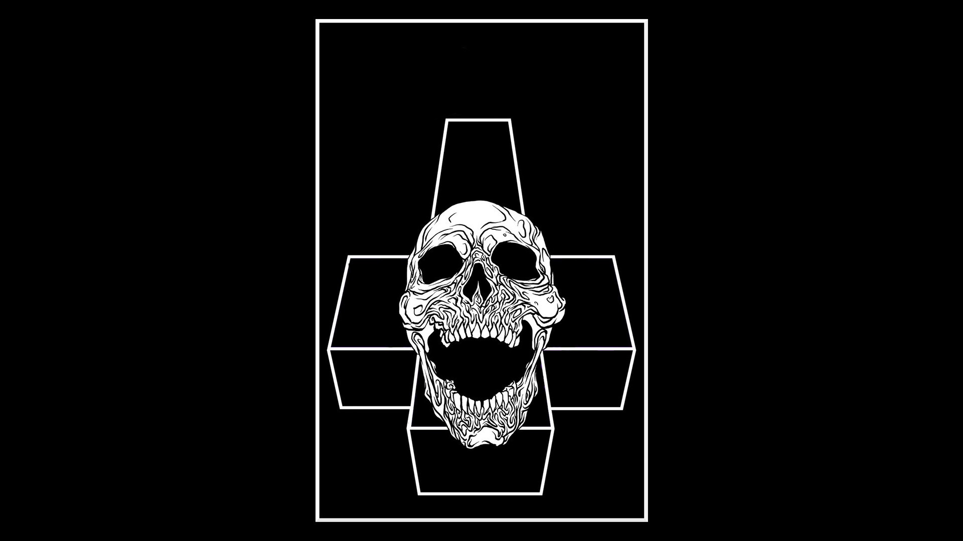 Black and white illustration of a skull on a cross HD Wallpaper