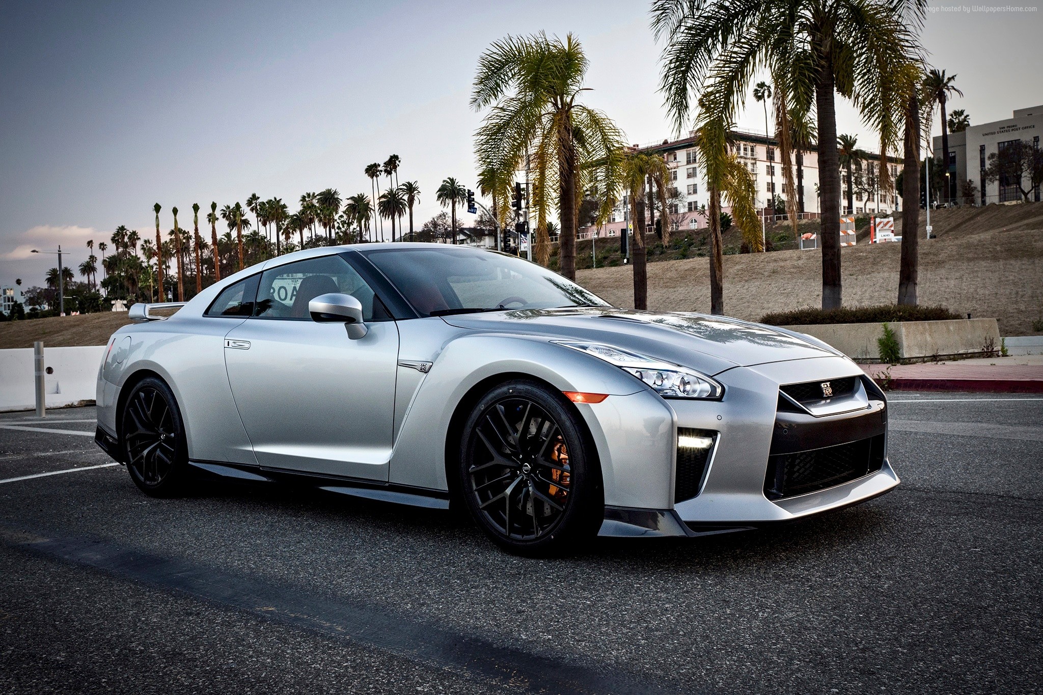 Silver Nissan GT-R Premium parked near palm trees HD Wallpaper