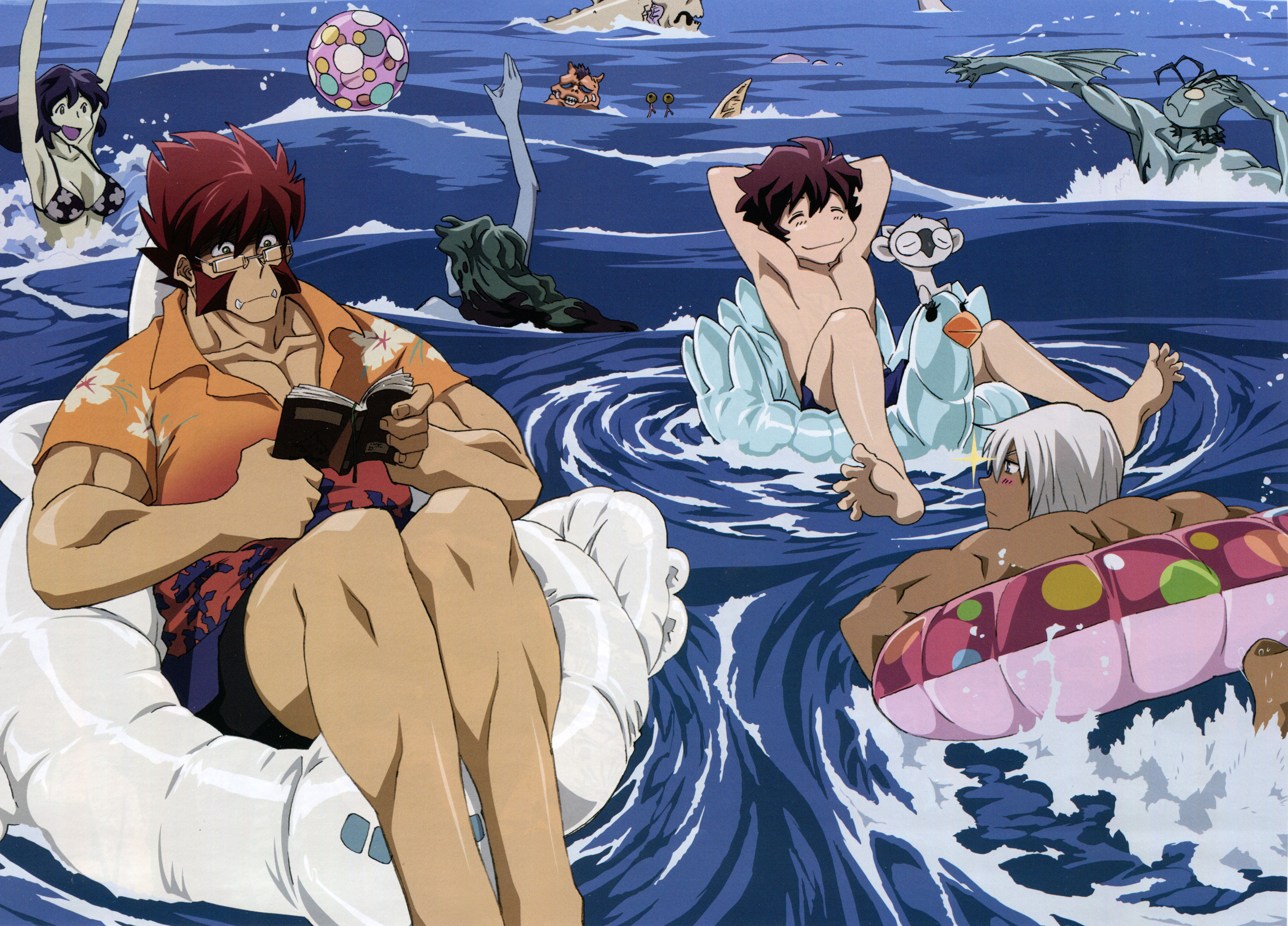 Characters from Kekkai Sensen relaxing on inflatable toys in the ocean HD Wallpaper