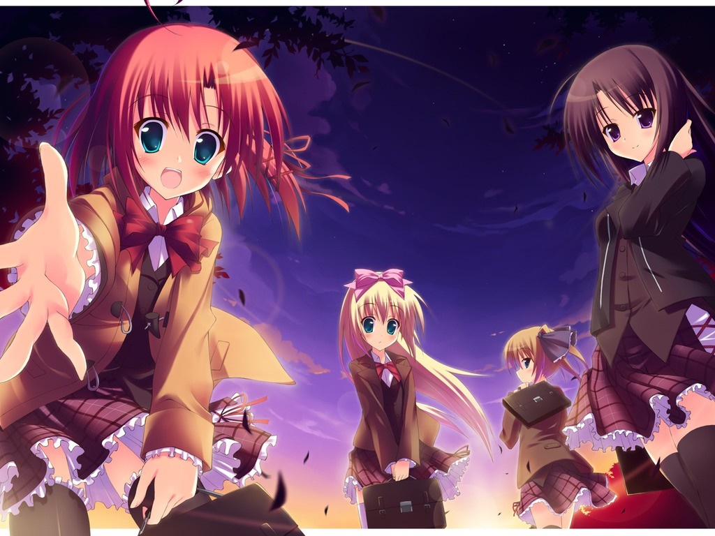 Anime girls in school uniforms at dusk HD Wallpaper