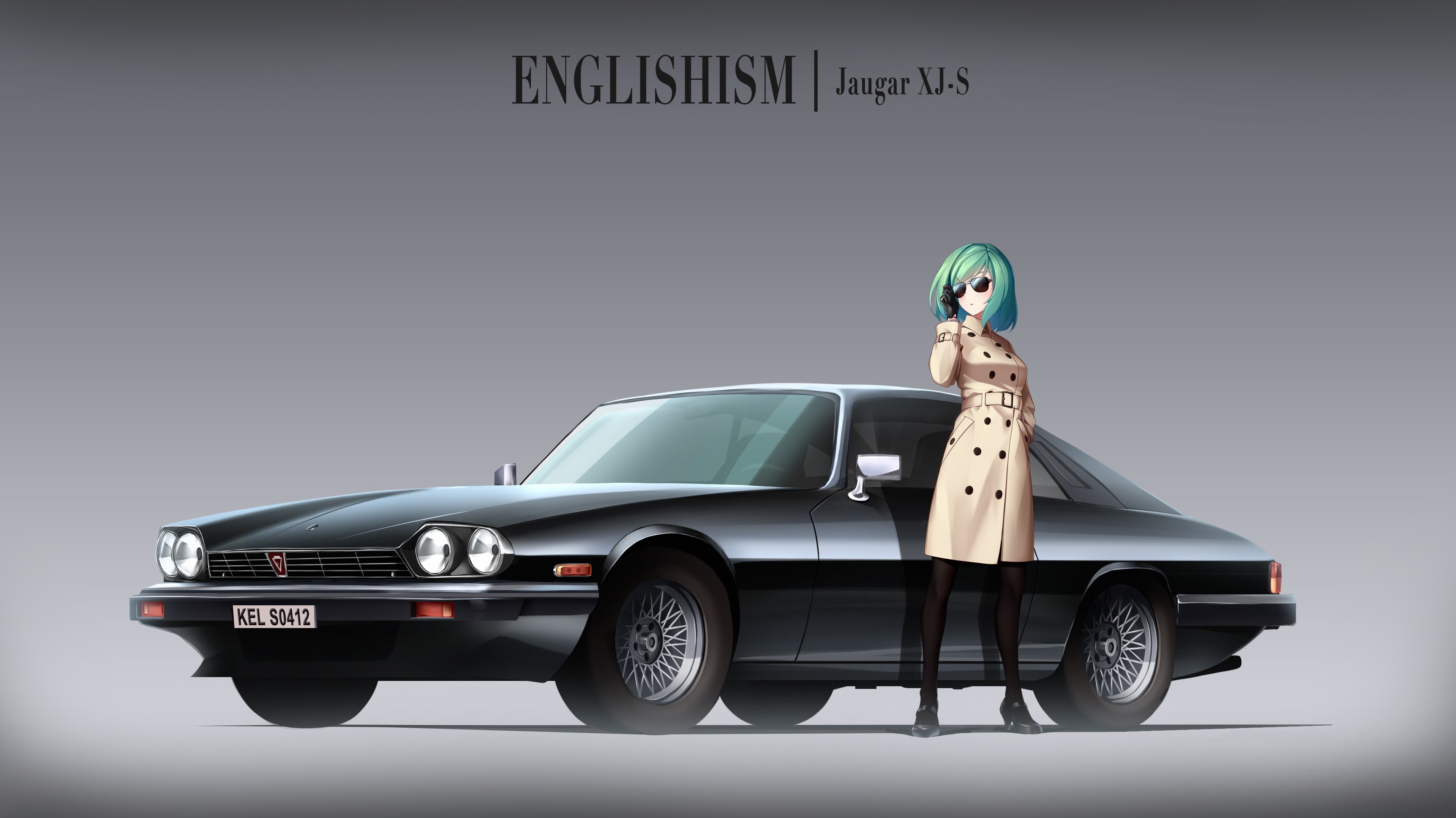 Anime girl with aqua hair and Jaguar XJ-S HD Wallpaper