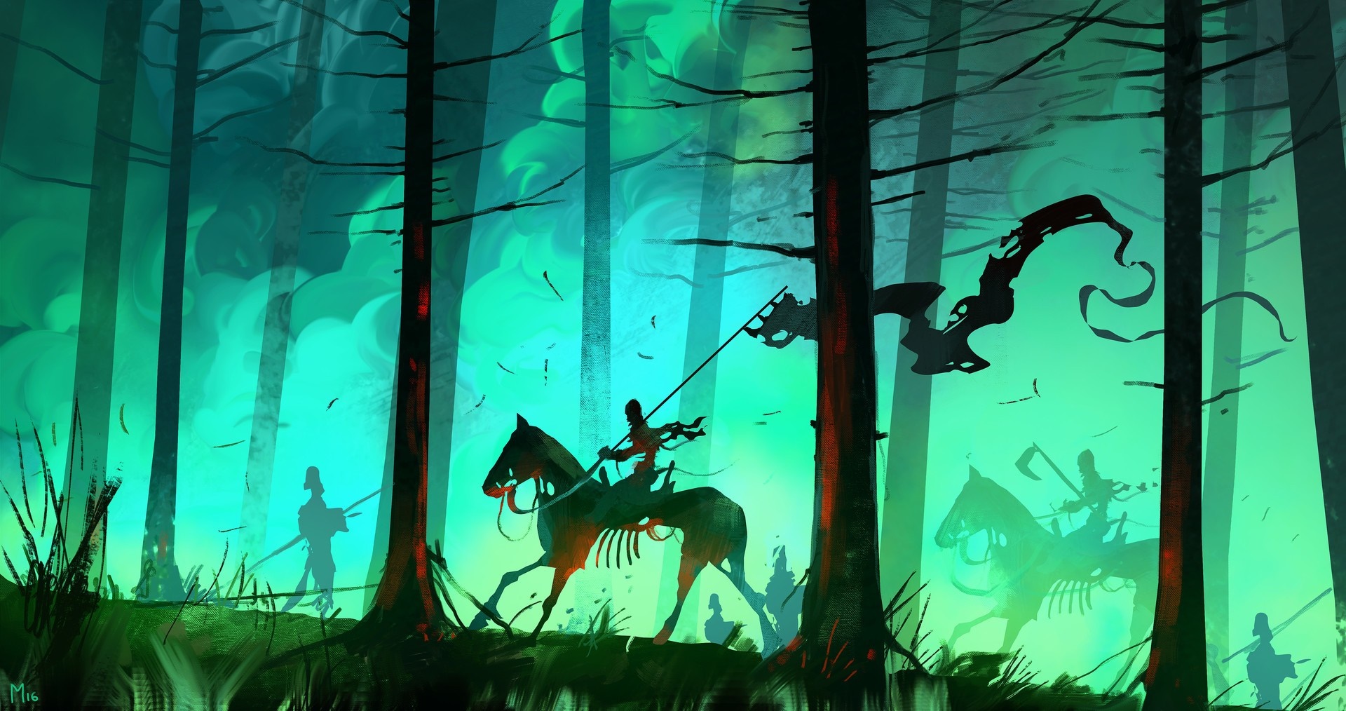 Fantasy illustration of skeletal figures in a dark, glowing forest HD Wallpaper