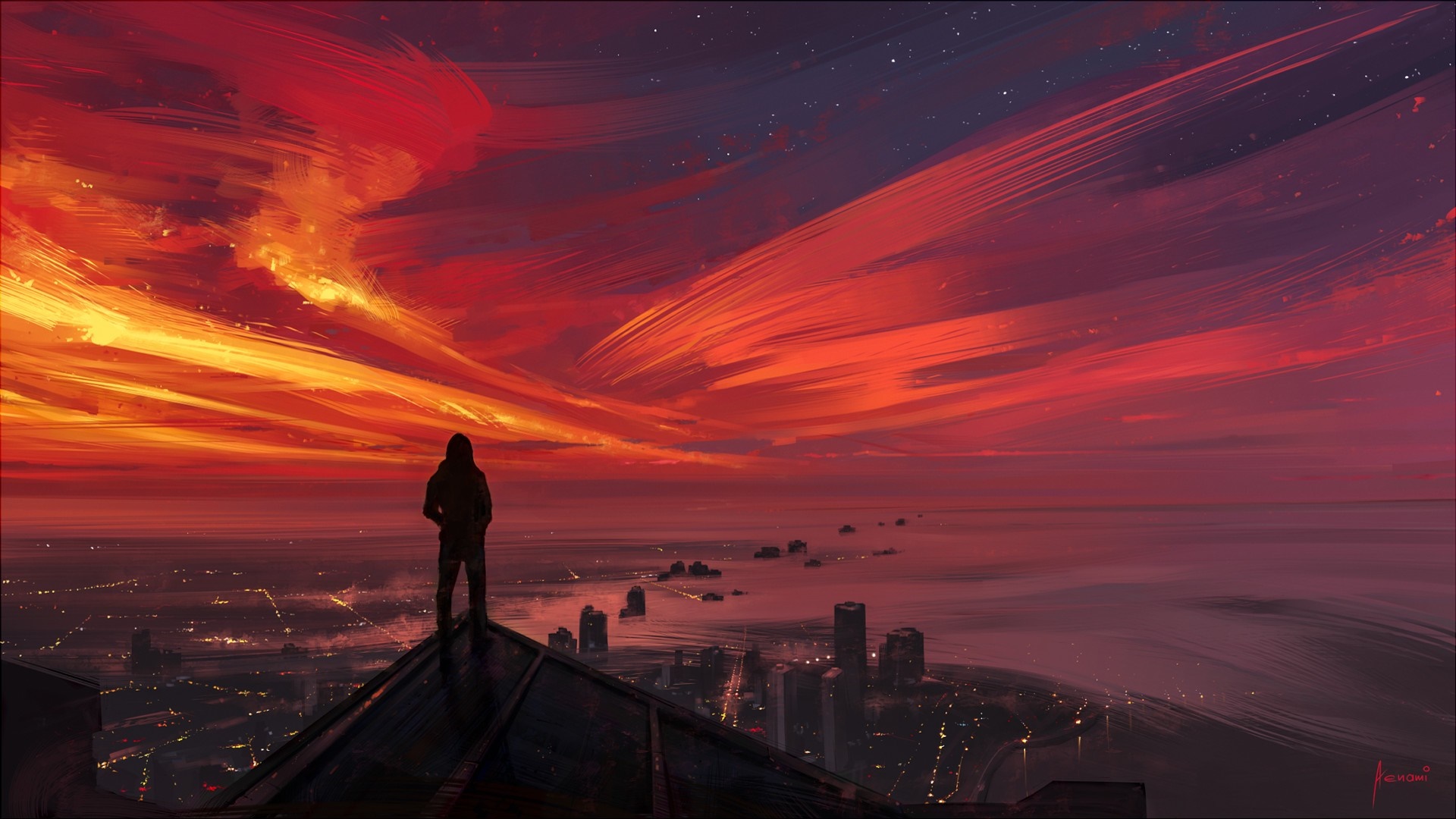 Painting of a person overlooking a city at sunset HD Wallpaper