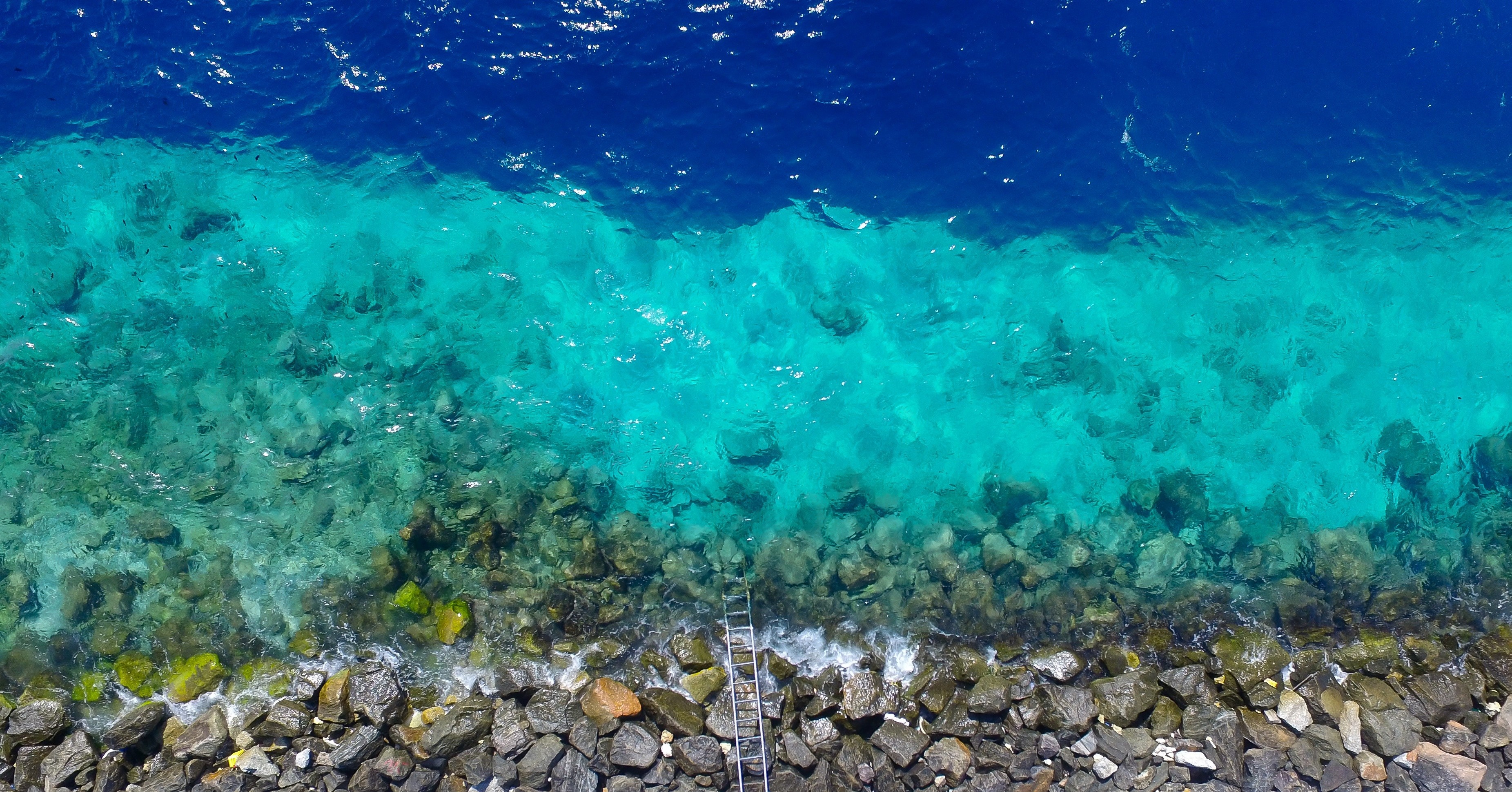 Aerial view of clear turquoise water meeting a rocky shore HD Wallpaper