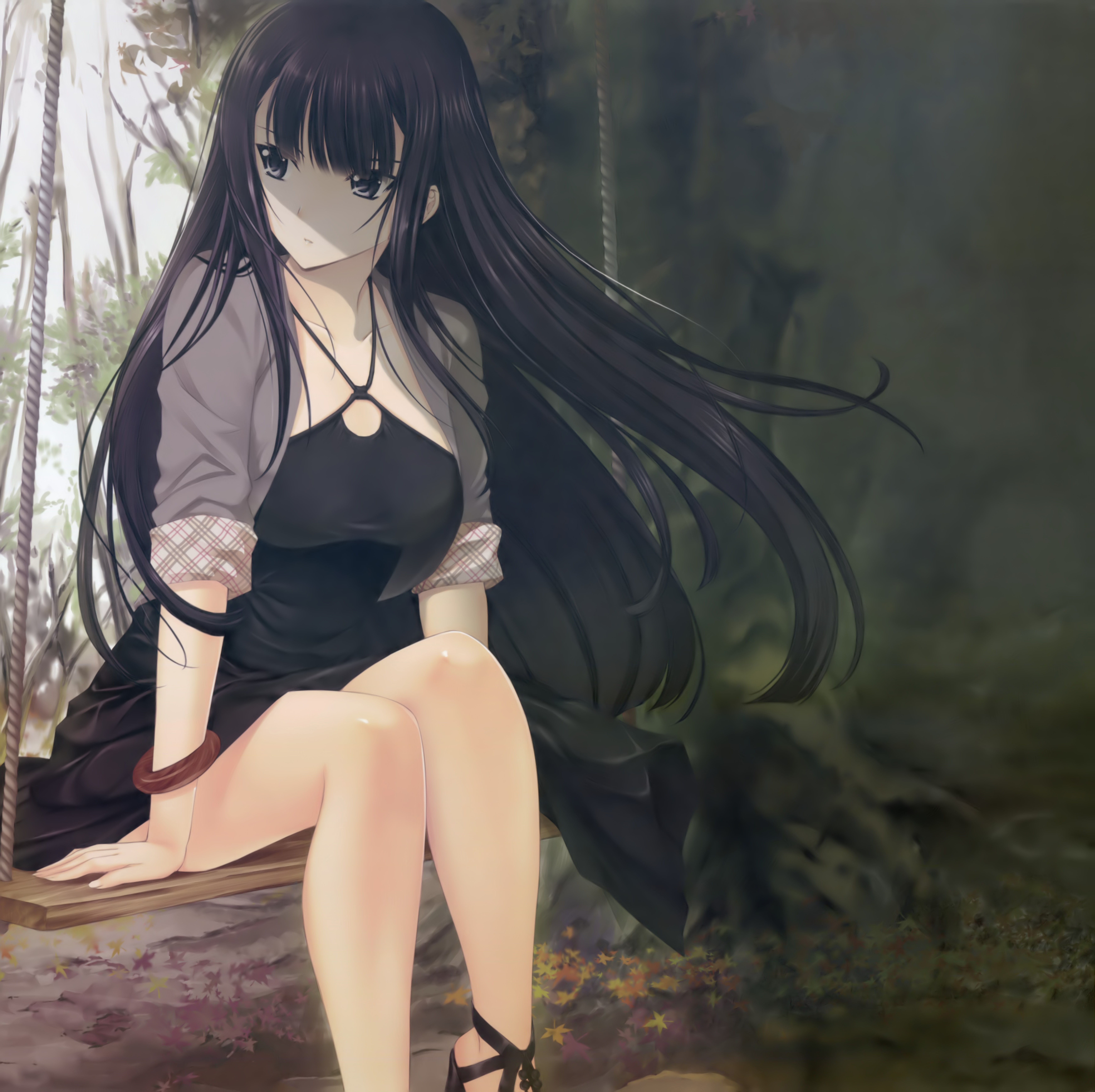 Anime girl with long black hair sitting on a swing HD Wallpaper