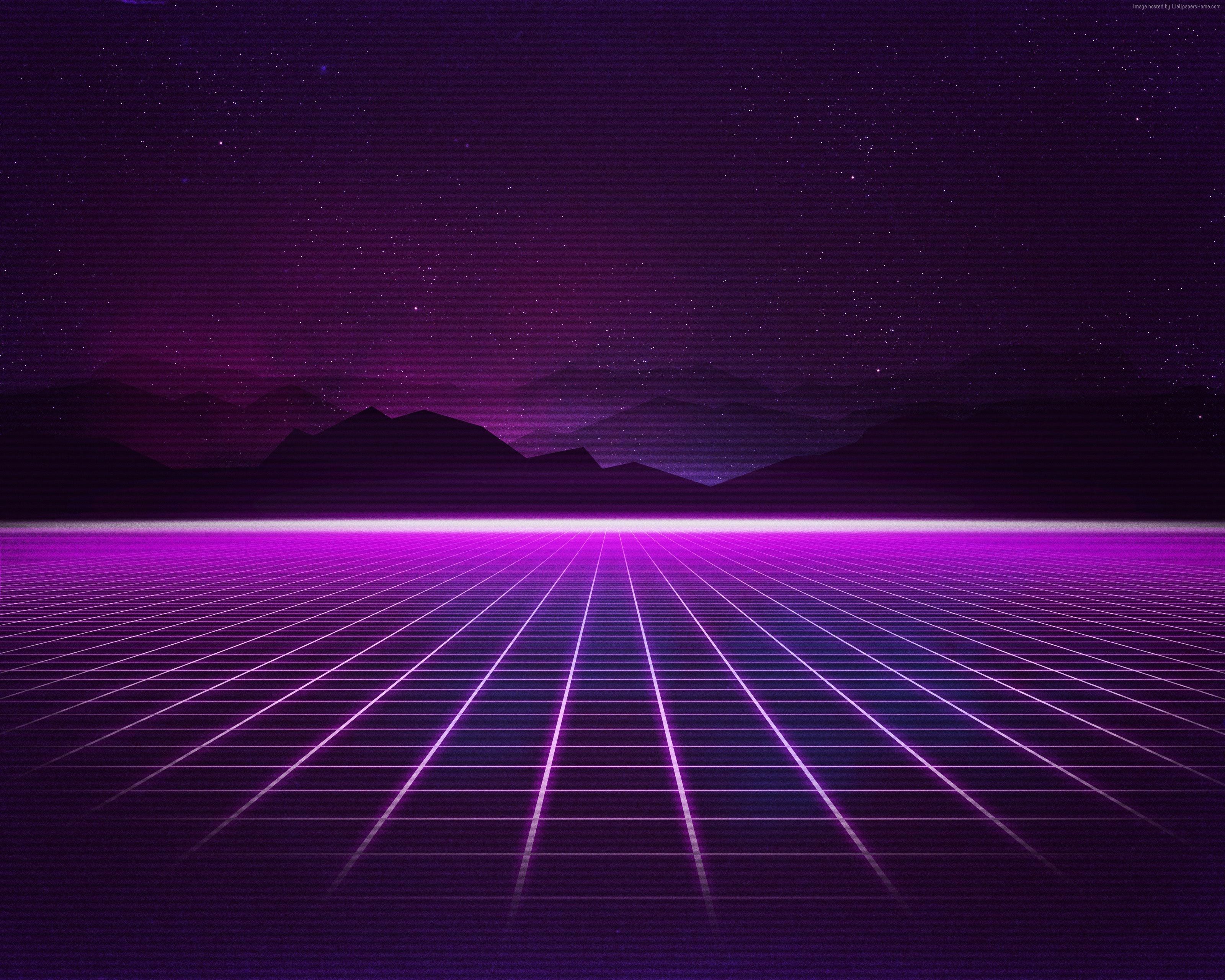 Purple Retrowave Grid Landscape 4K HD Wallpaper