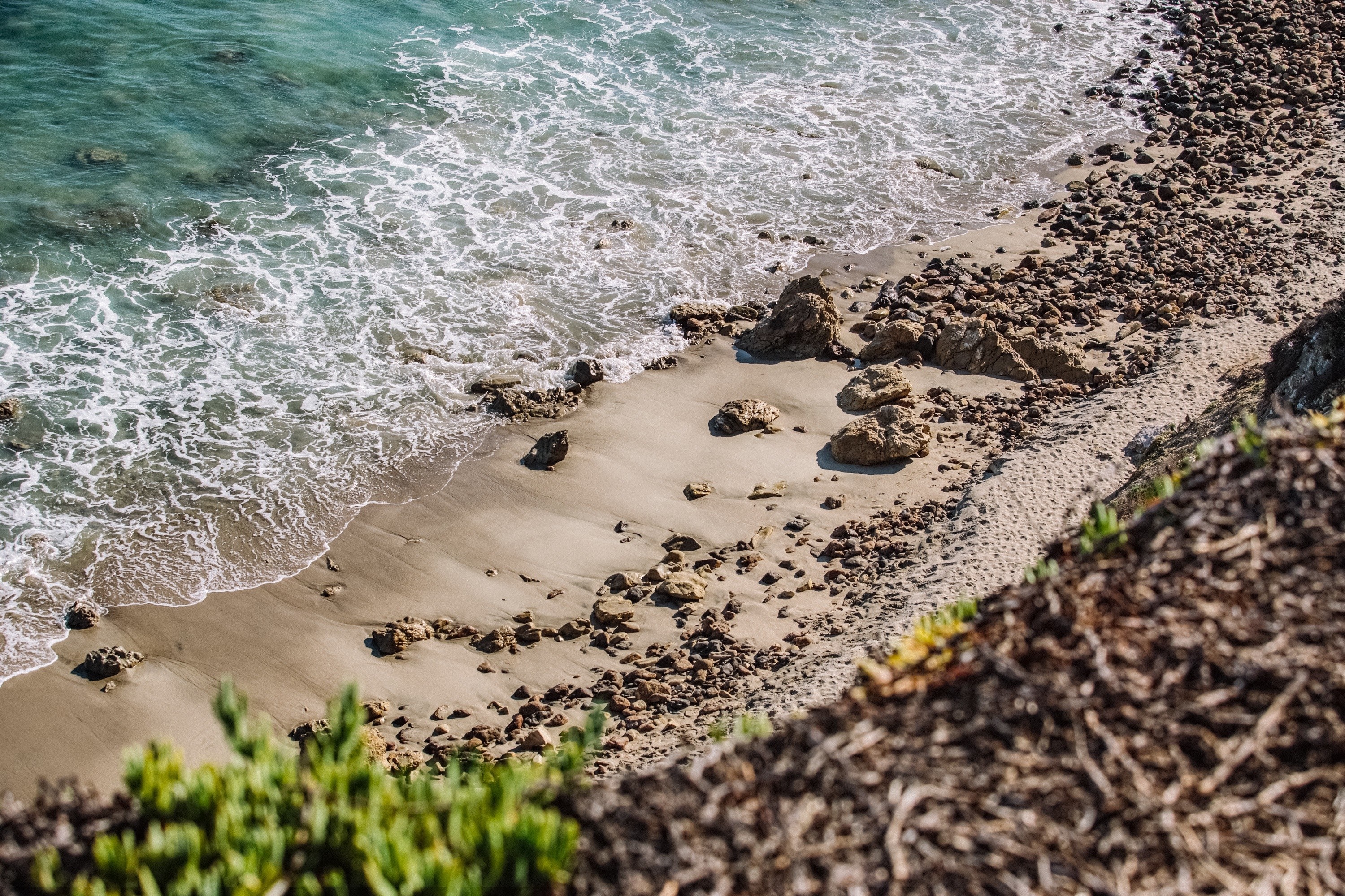 Ocean waves crash on a rocky beach with green foliage in the foreground. HD Wallpaper