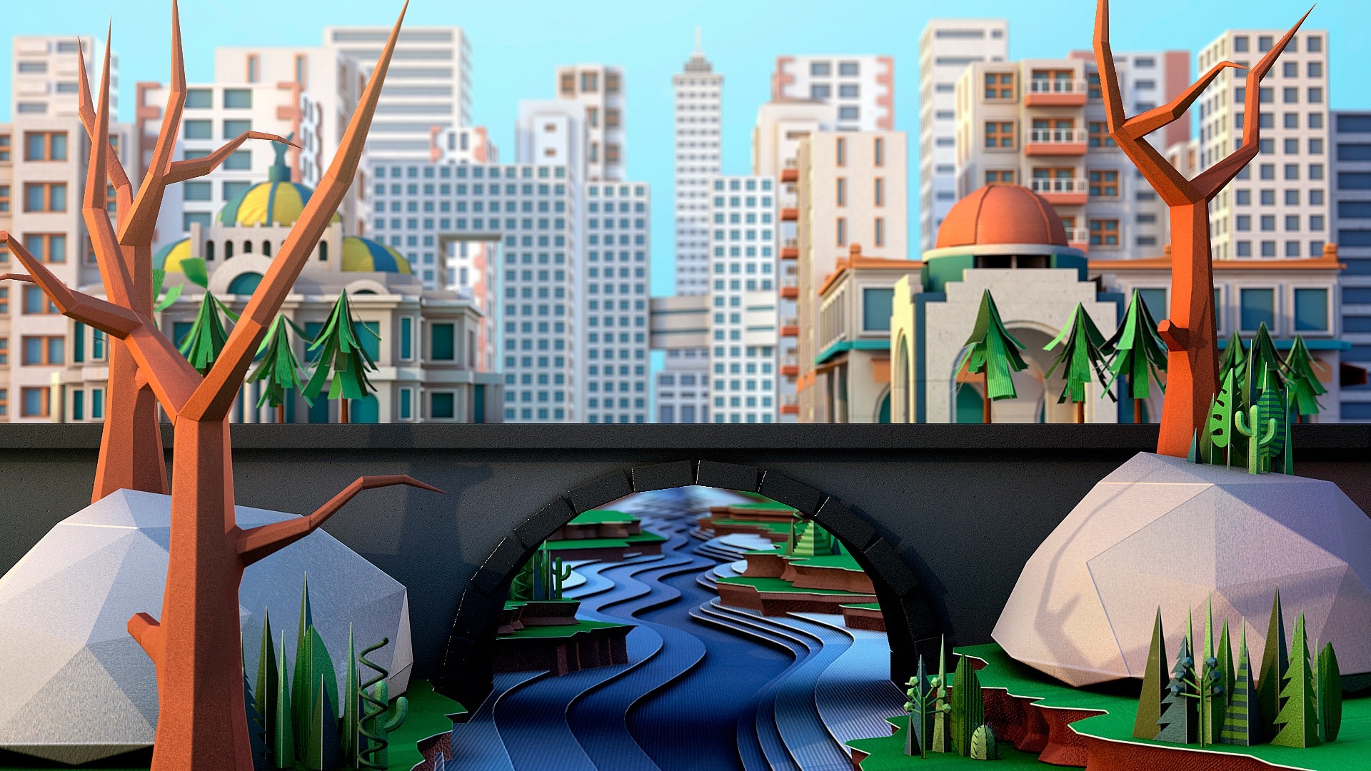Low Poly Cityscape with River and Bridge HD Wallpaper