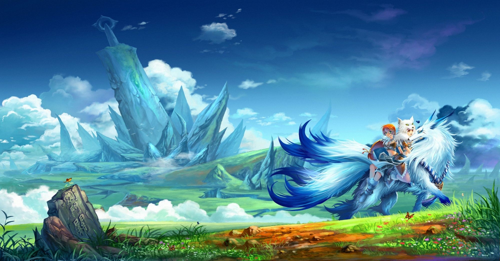 Girl riding a white fox-like creature with a giant sword in the background HD Wallpaper