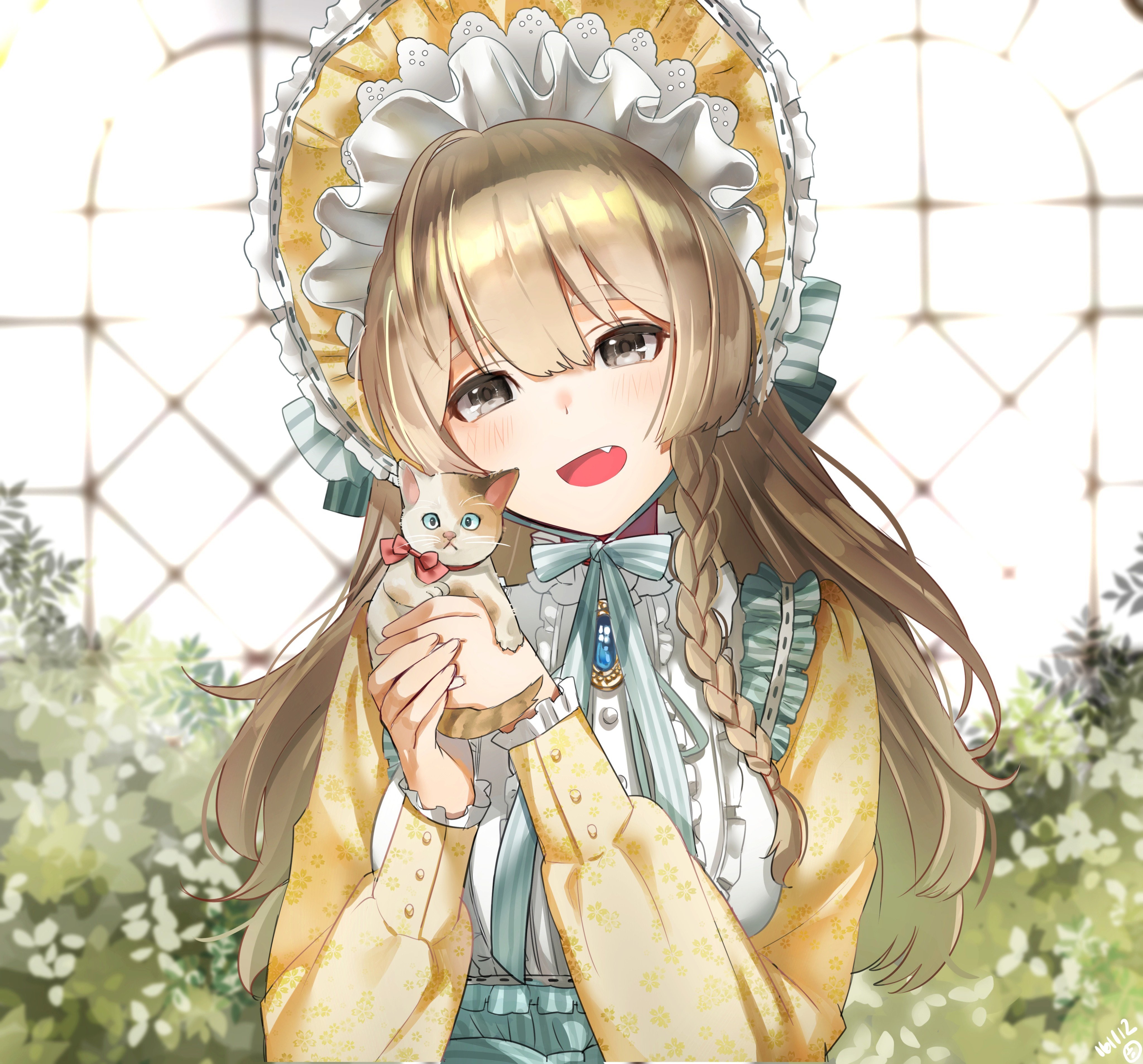 Anime girl with blonde hair holding a cat HD Wallpaper
