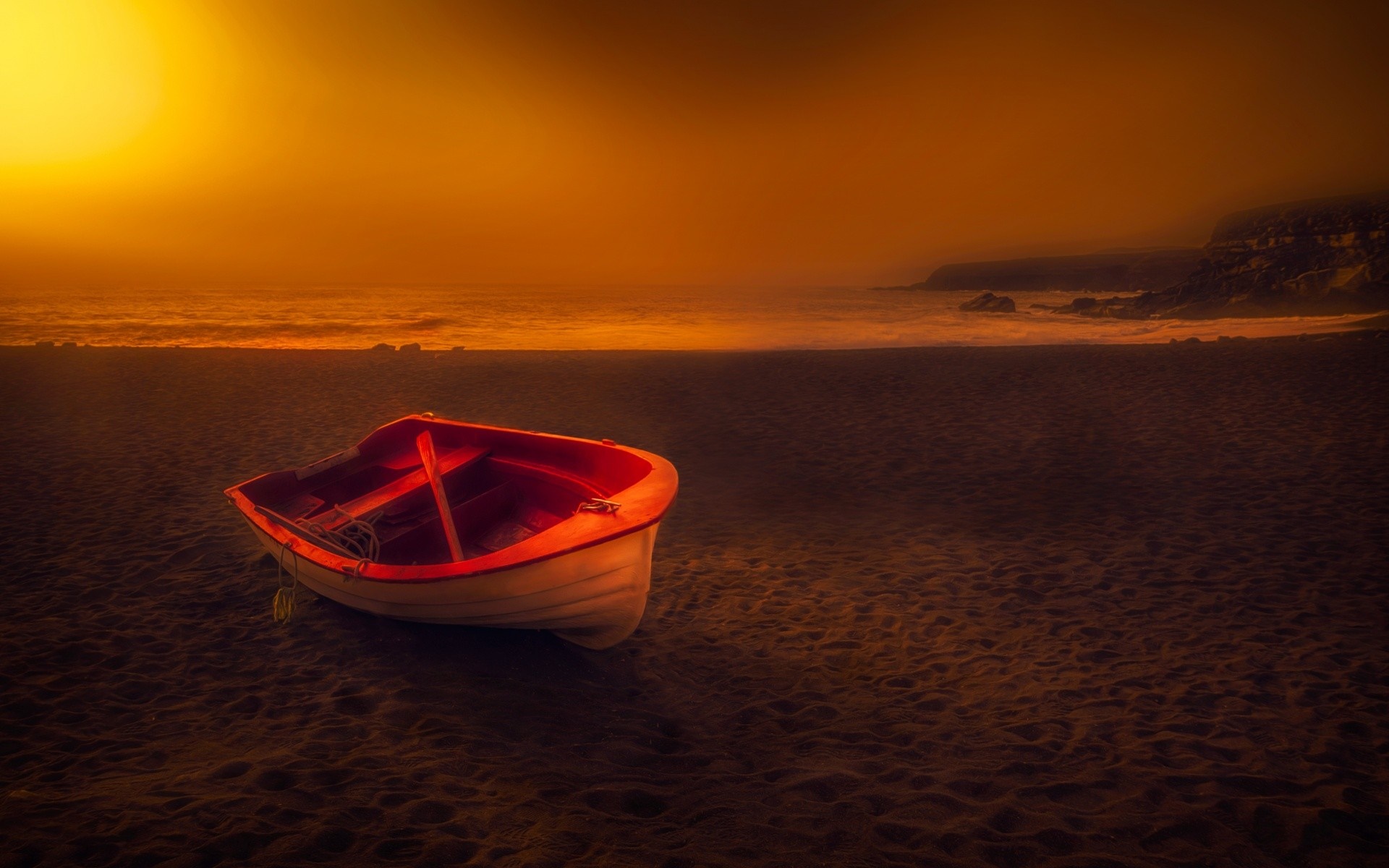 Boat on a beach at sunset HD Wallpaper