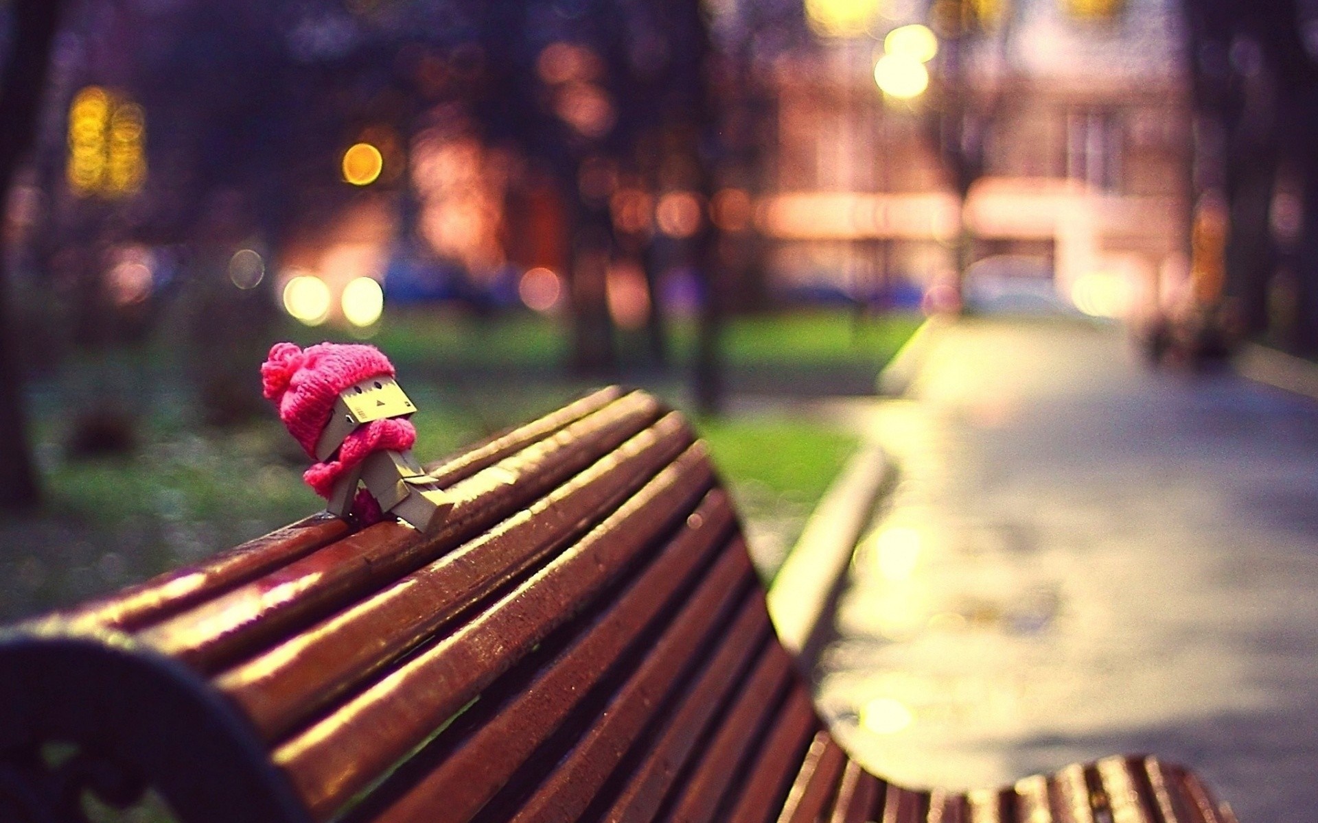 Danbo wearing a pink hat on a park bench at night HD Wallpaper