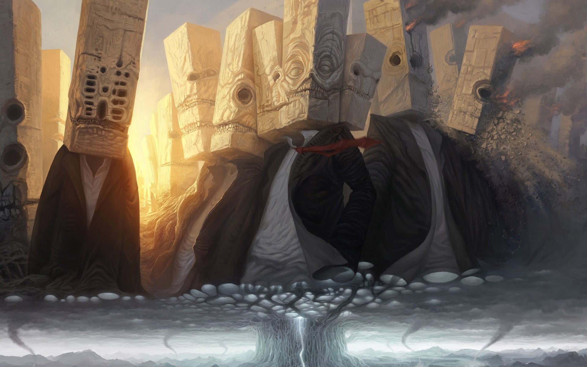 Surreal figures with block heads and a stormy landscape HD Wallpaper