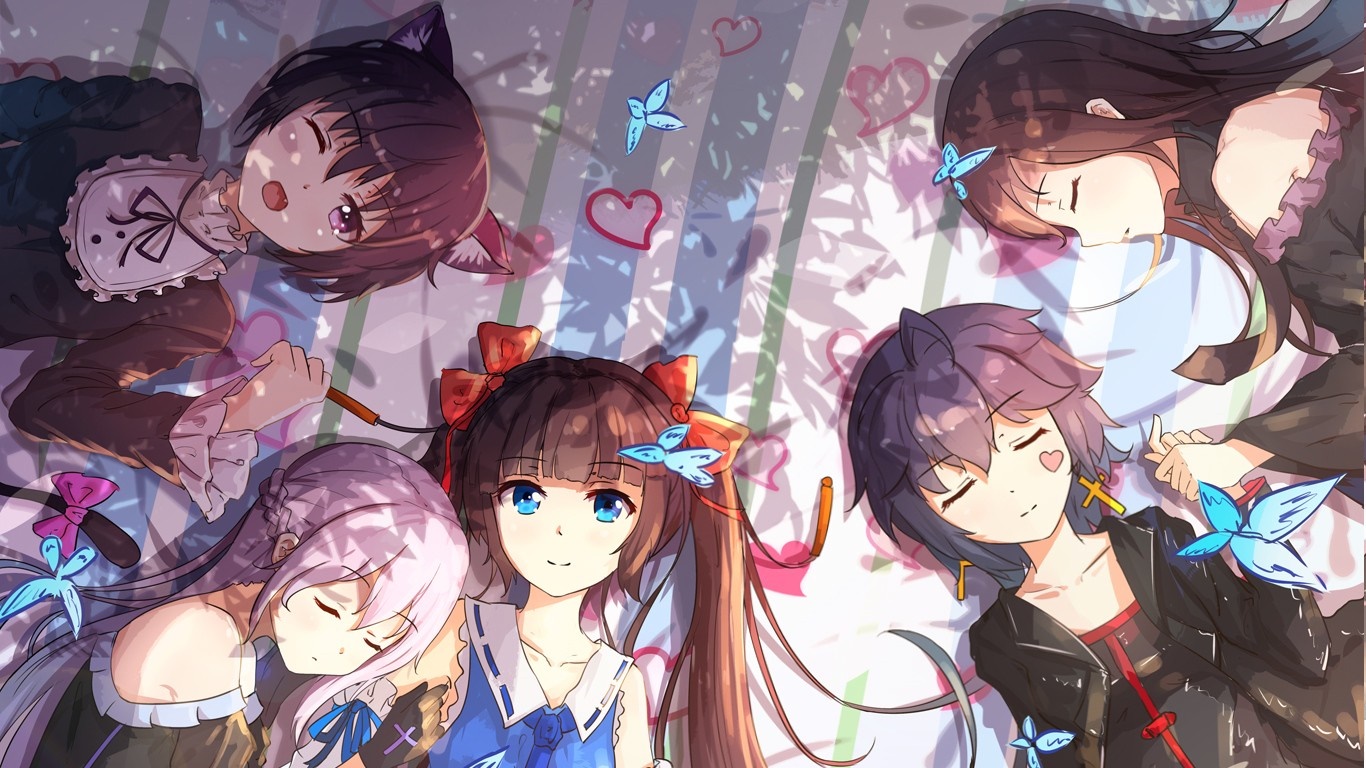 Five anime girls lying down with butterflies and hearts HD Wallpaper