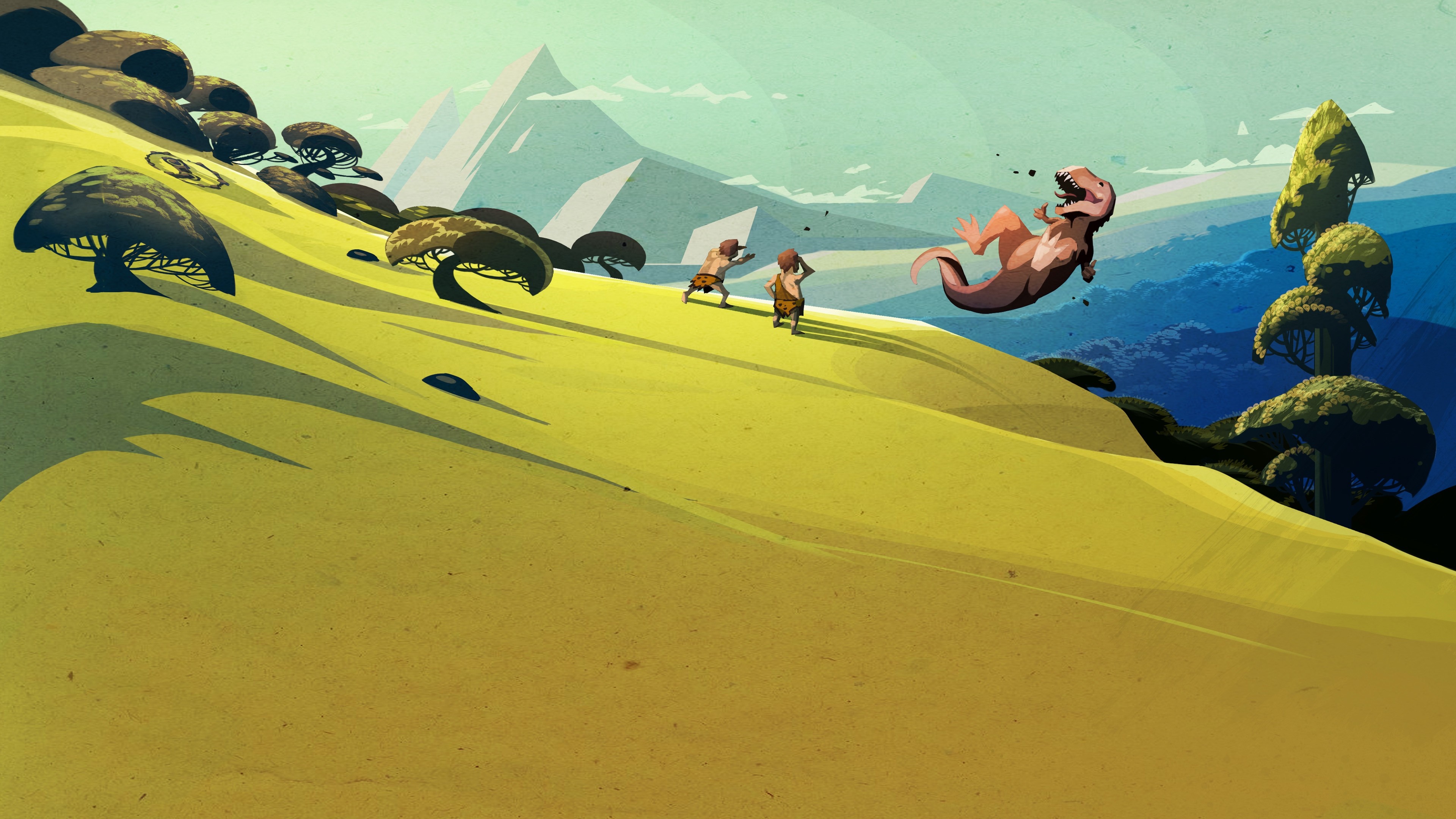 Cavemen chasing a dinosaur down a grassy hill HD Wallpaper