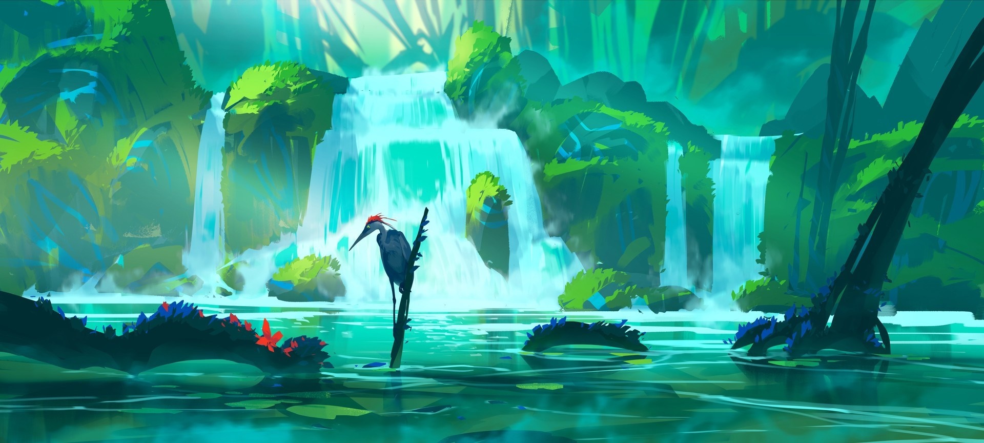 Fantasy jungle waterfall with a bird HD Wallpaper