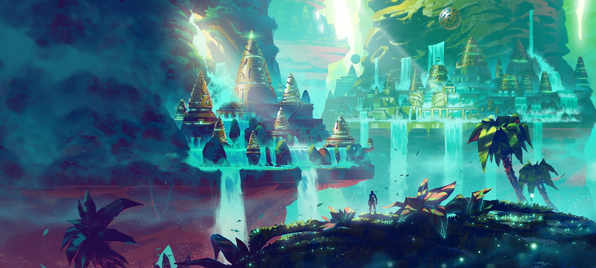 Fantasy city with waterfalls and a lone figure HD Wallpaper