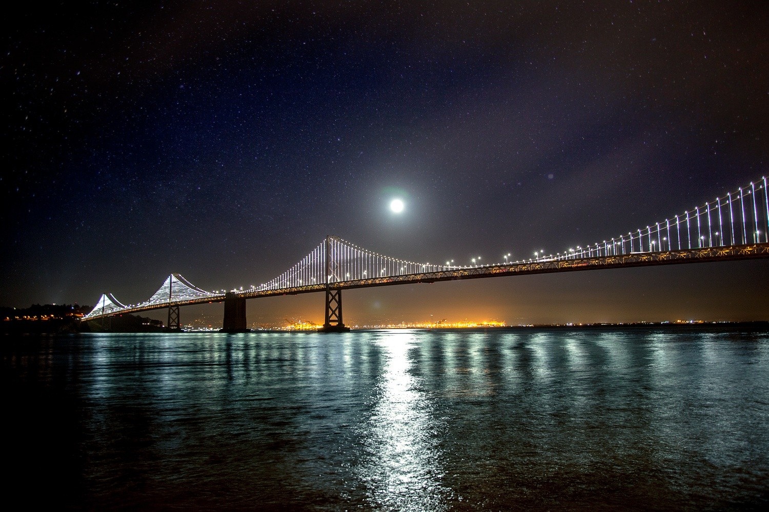 San Francisco Bay Bridge at Night with Moon HD Wallpaper