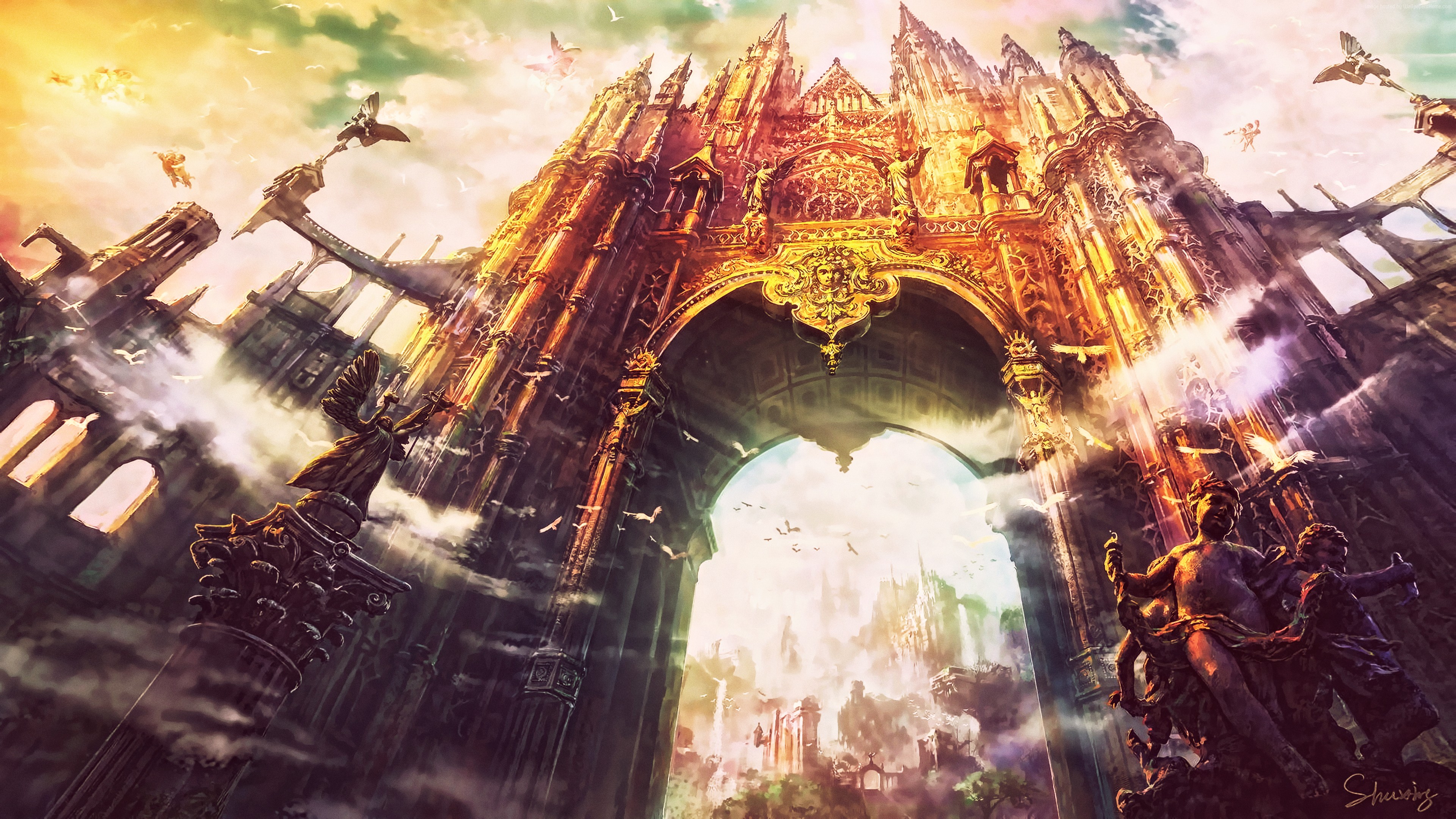 Fantasy Castle Architecture with Birds 4K HD Wallpaper