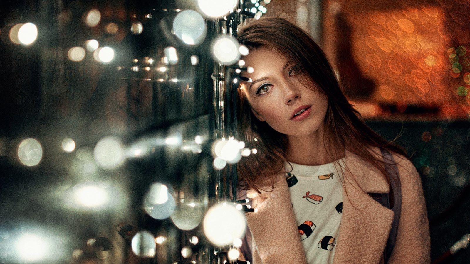 Woman with lights and bokeh effect HD Wallpaper