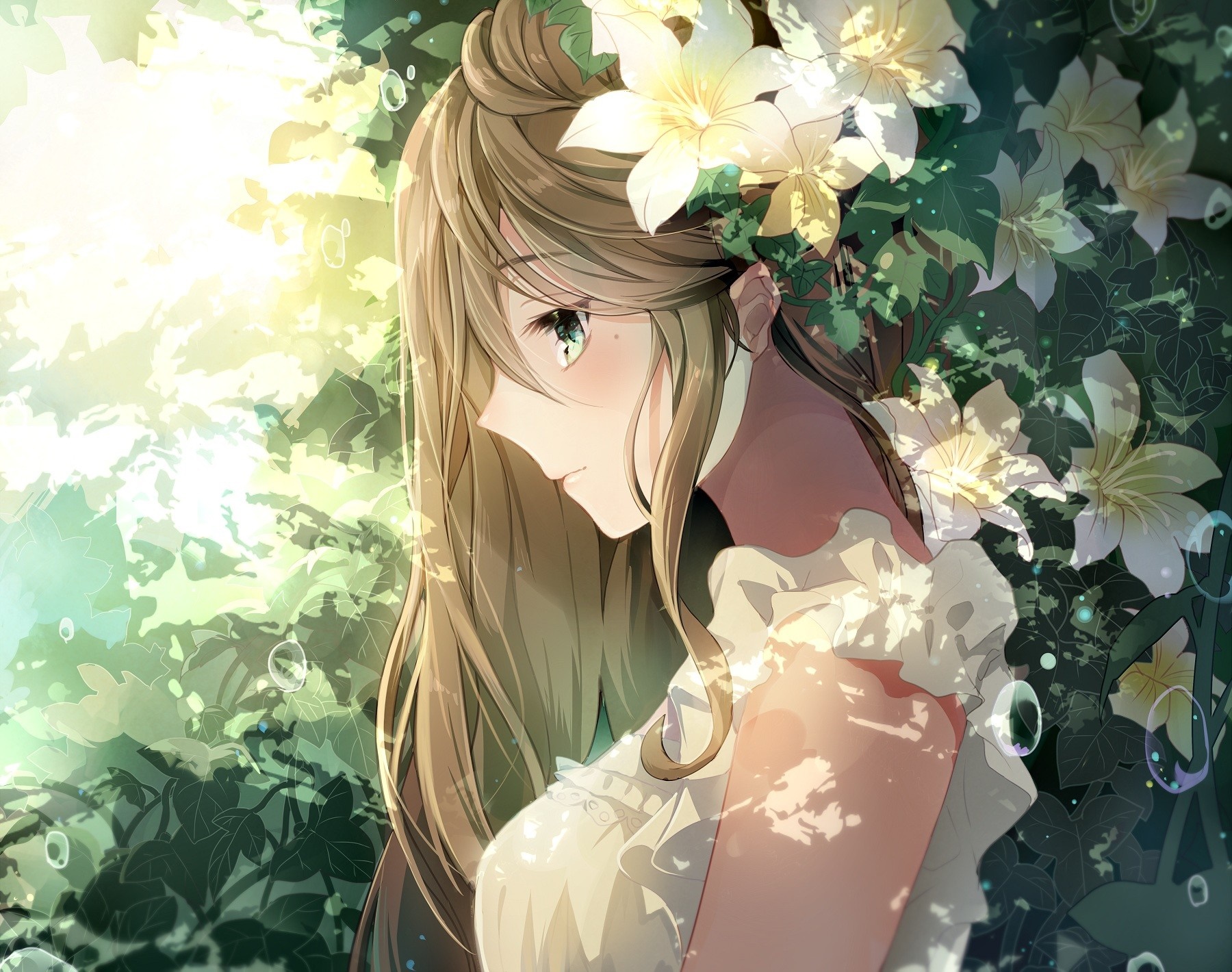 Anime girl with flowers in her hair HD Wallpaper